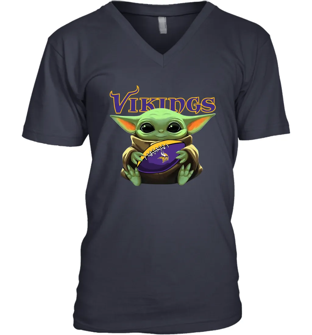 Baby Yoda Loves The Minnesota Vikings Star Wars Baby Yoda Hugs Vikings NFL Mens V-Neck T-Shirt