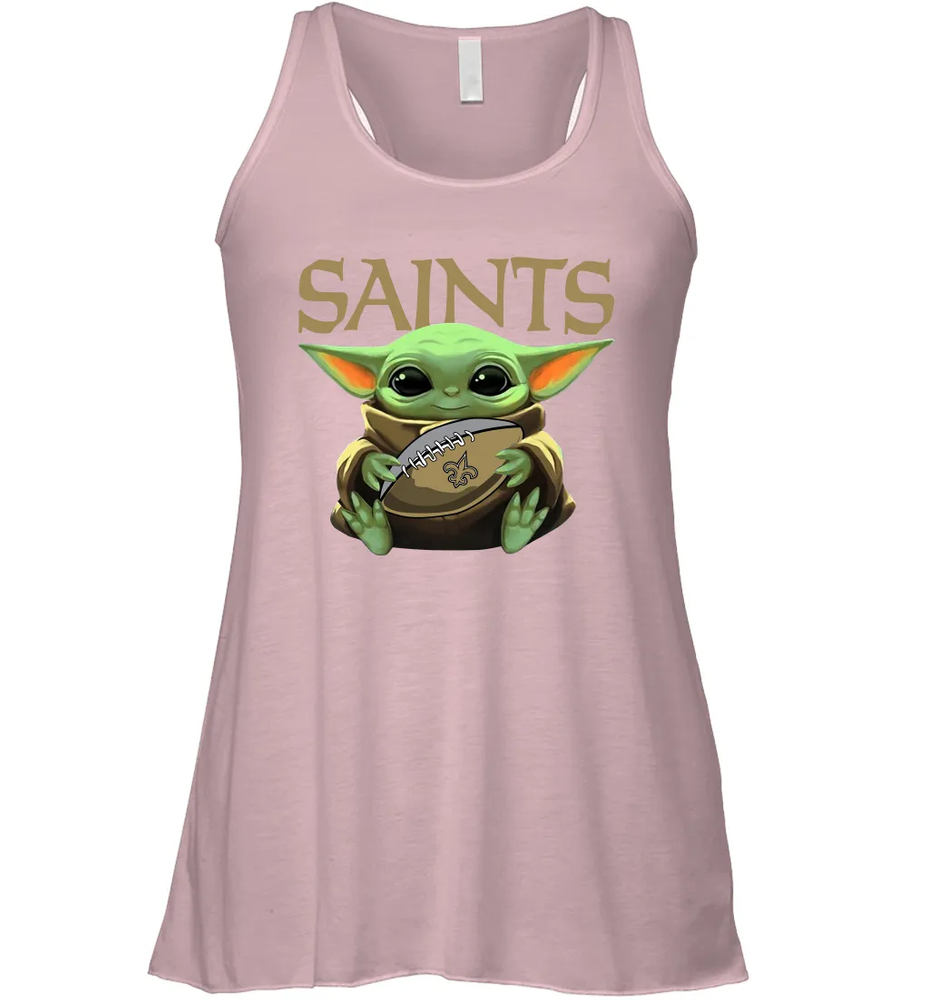 Baby Yoda Loves The New Orleans Saints Star Wars Baby Yoda Hugs Saints NFL Womens Racerback Tank Top