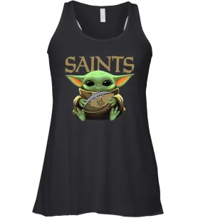 Baby Yoda Loves The New Orleans Saints Star Wars Baby Yoda Hugs Saints NFL Womens Racerback Tank Top