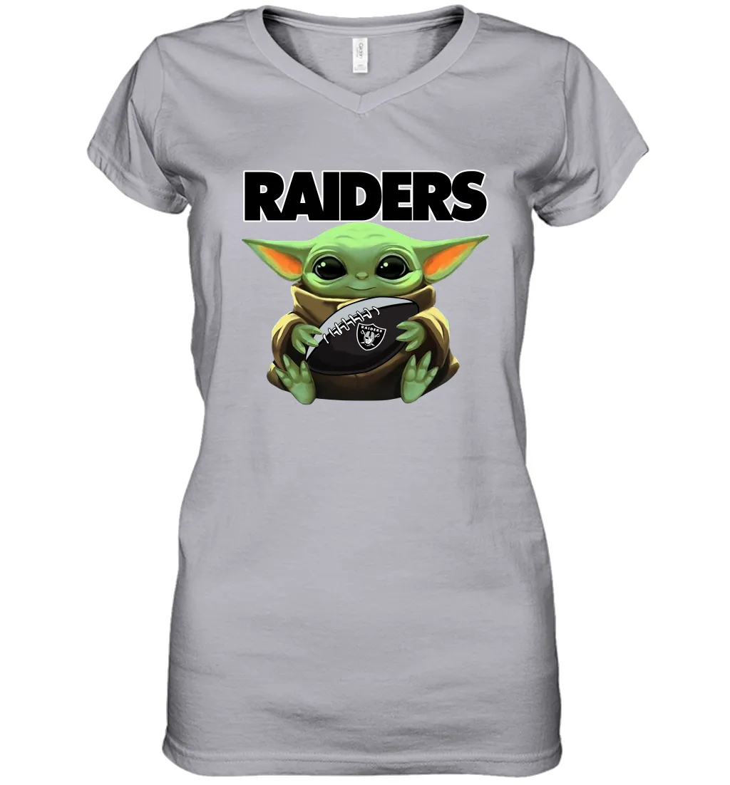 Baby Yoda Loves The Oakland Raiders Star Wars Baby Yoda Hugs Raiders NFL Womens V-Neck T-Shirt