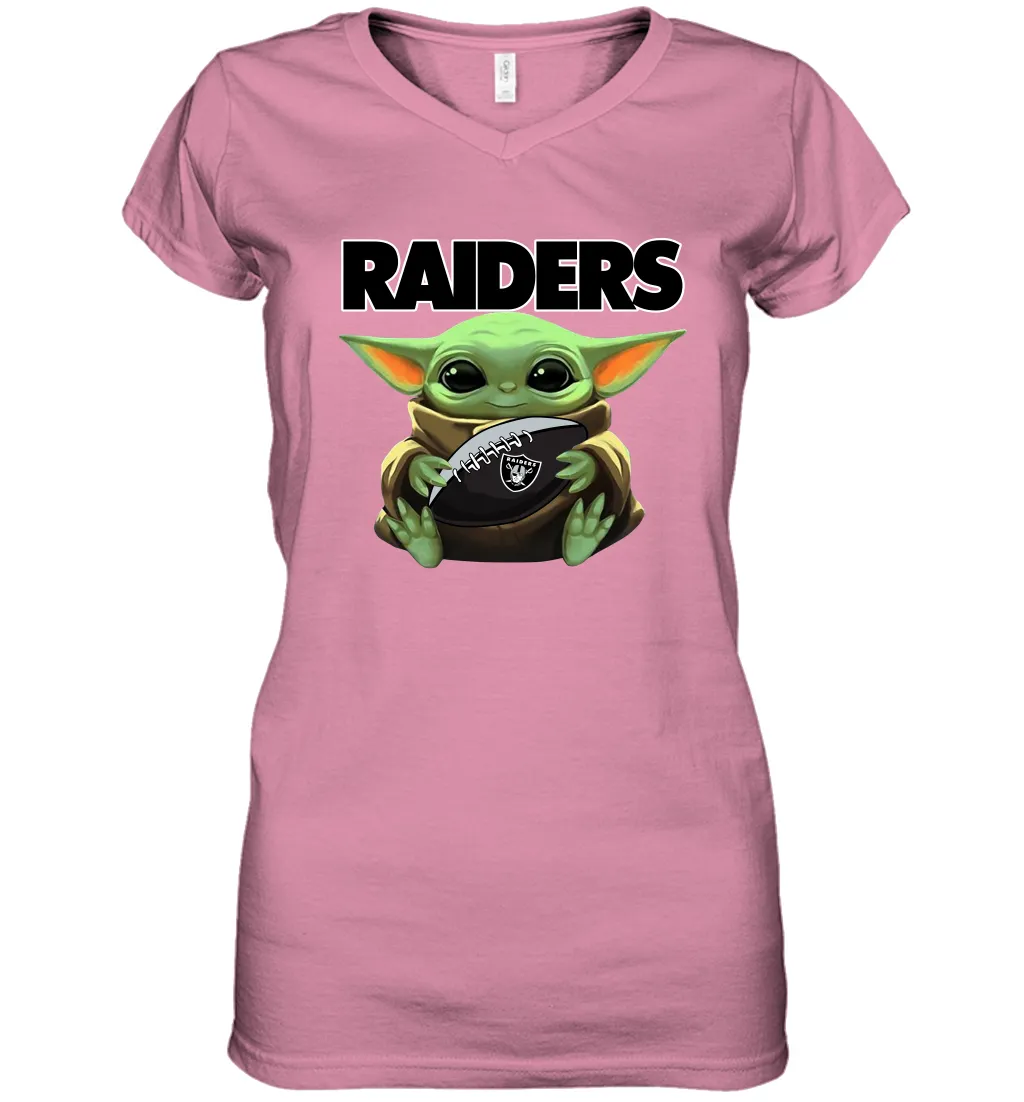 Baby Yoda Loves The Oakland Raiders Star Wars Baby Yoda Hugs Raiders NFL Womens V-Neck T-Shirt