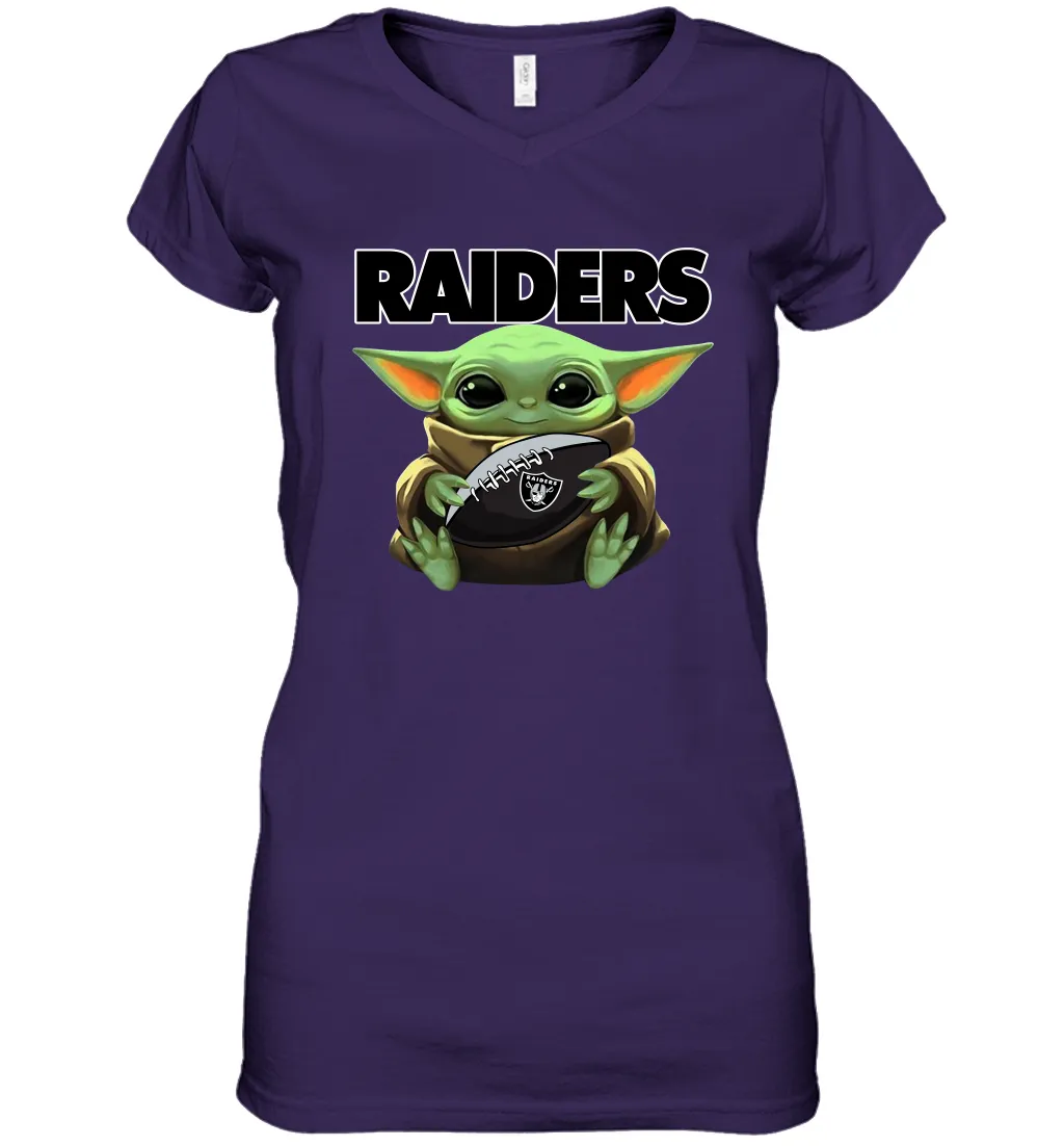 Baby Yoda Loves The Oakland Raiders Star Wars Baby Yoda Hugs Raiders NFL Womens V-Neck T-Shirt