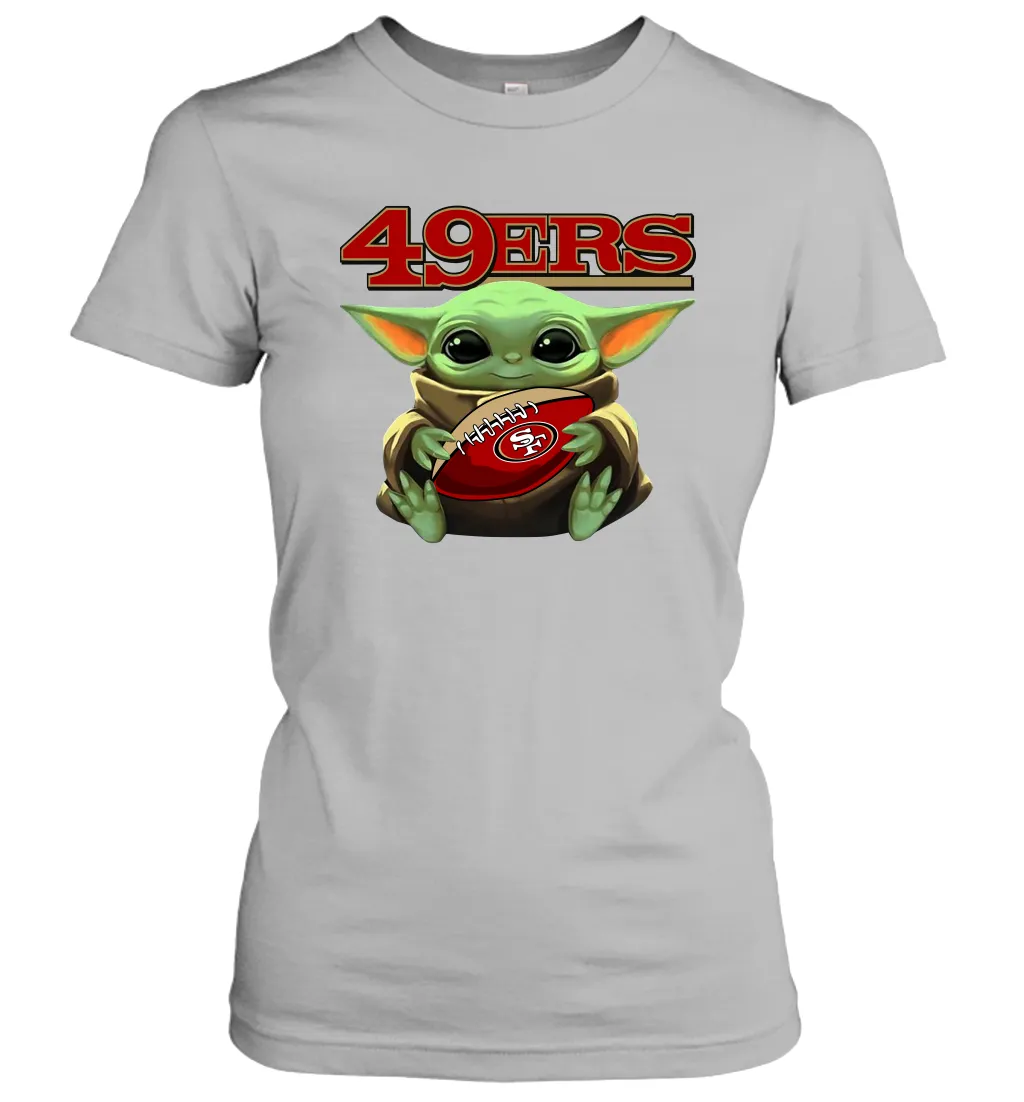 Baby Yoda Loves The San Francisco 49ers Star Wars Baby Yoda Hugs 49ers NFL Womens T-Shirt