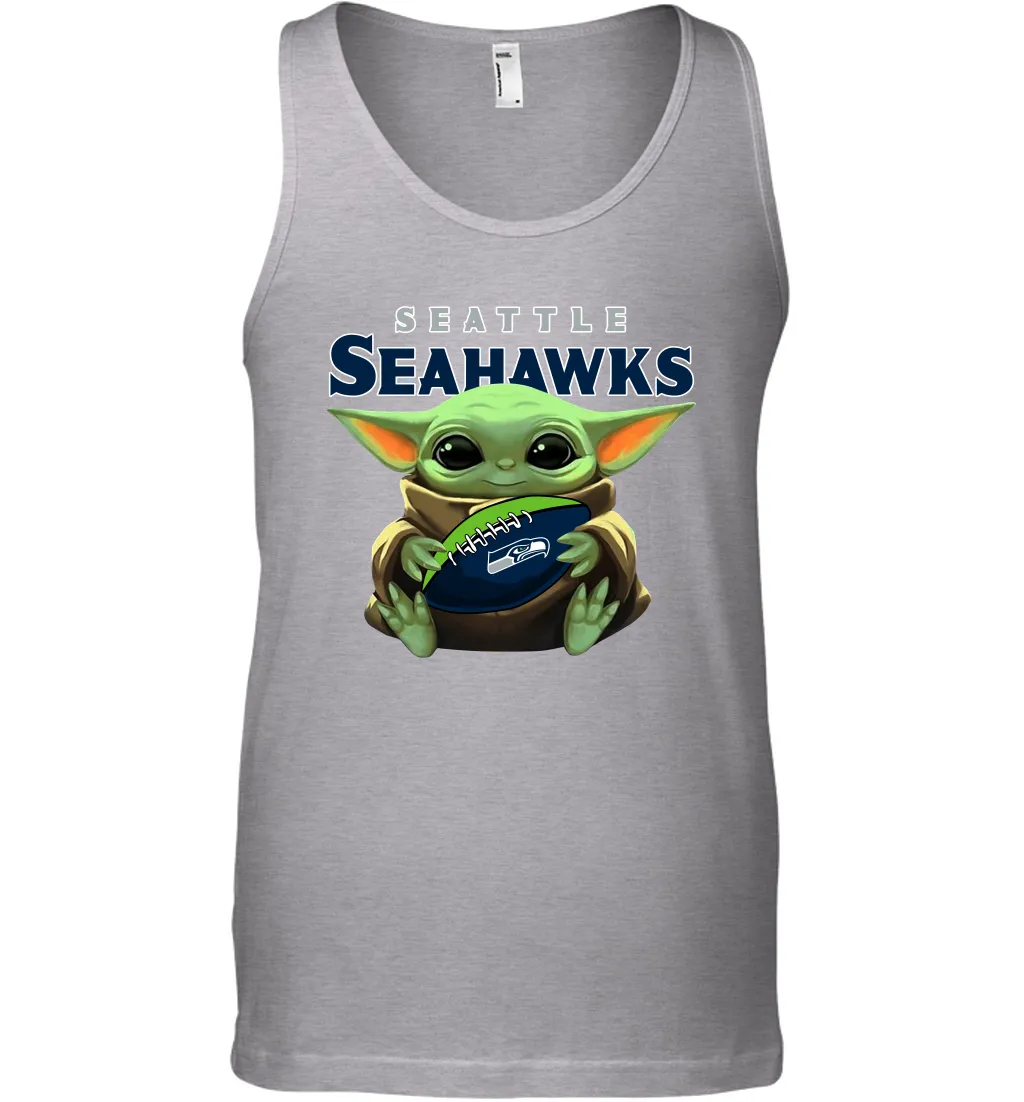 Baby Yoda Loves The Seattle Seahawks Star Wars Baby Yoda Hugs Seahawks NFL Mens Tank Top