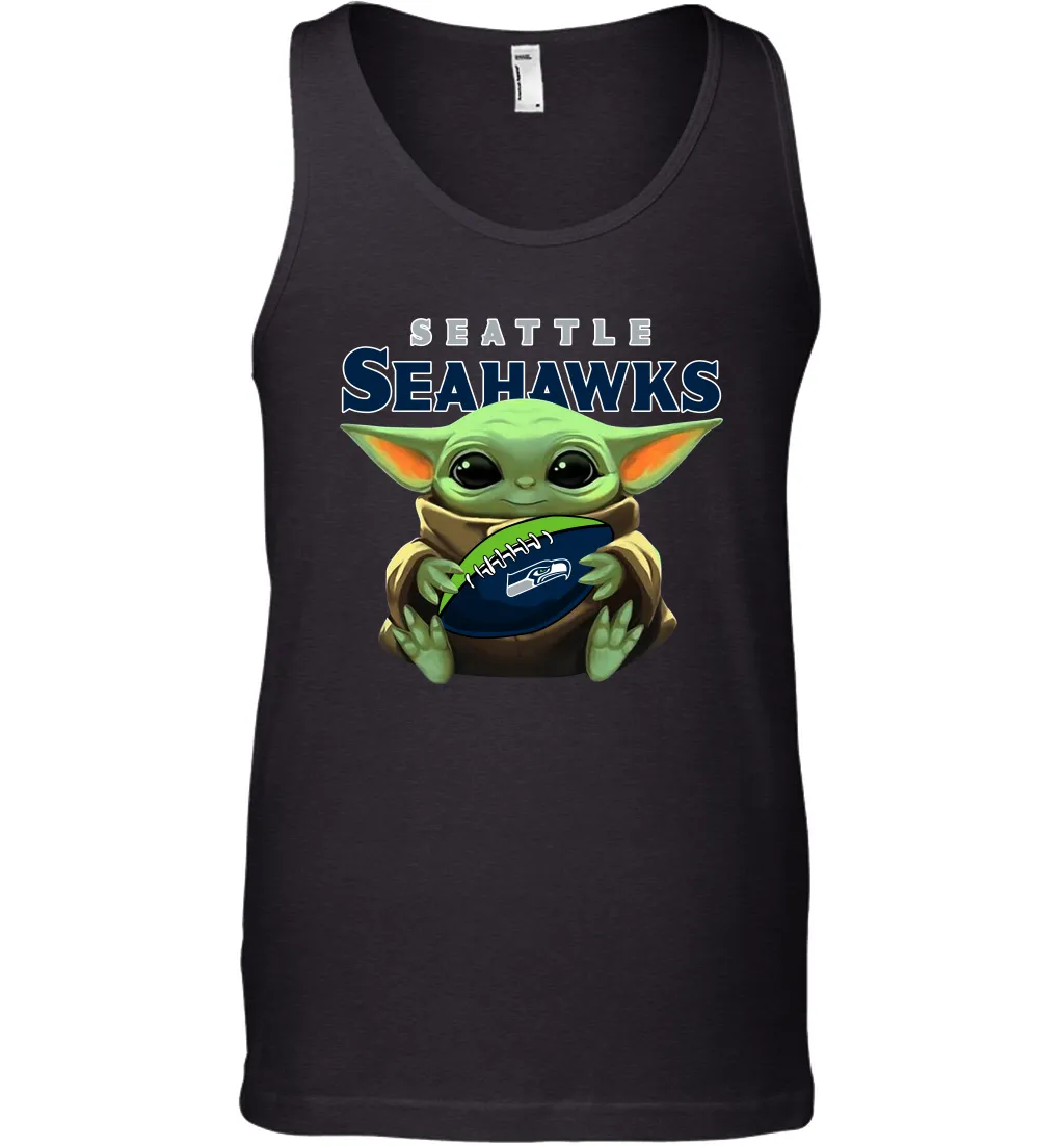 Baby Yoda Loves The Seattle Seahawks Star Wars Baby Yoda Hugs Seahawks NFL Mens Tank Top