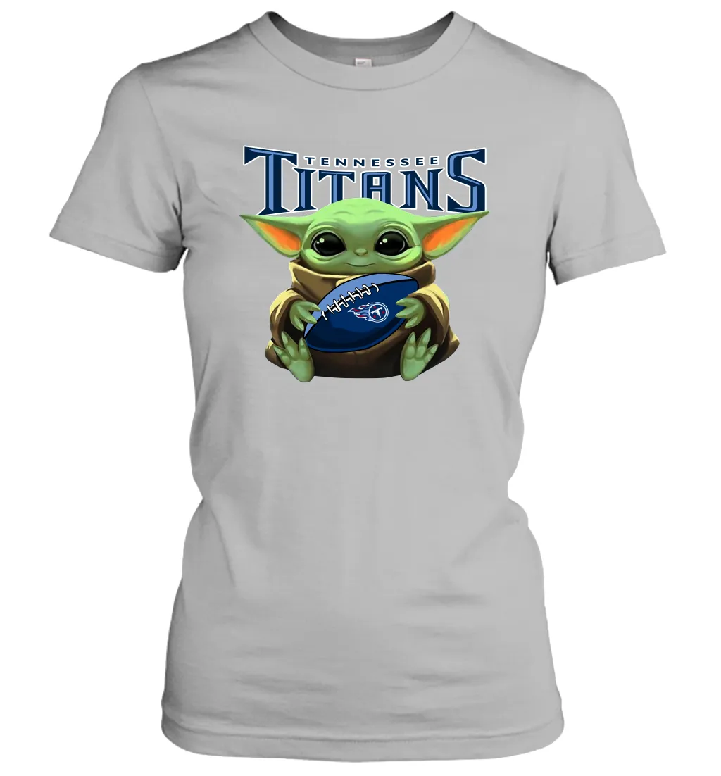 Baby Yoda Loves The Tennessee Titans Star Wars Baby Yoda Hugs Titans NFL Womens T-Shirt