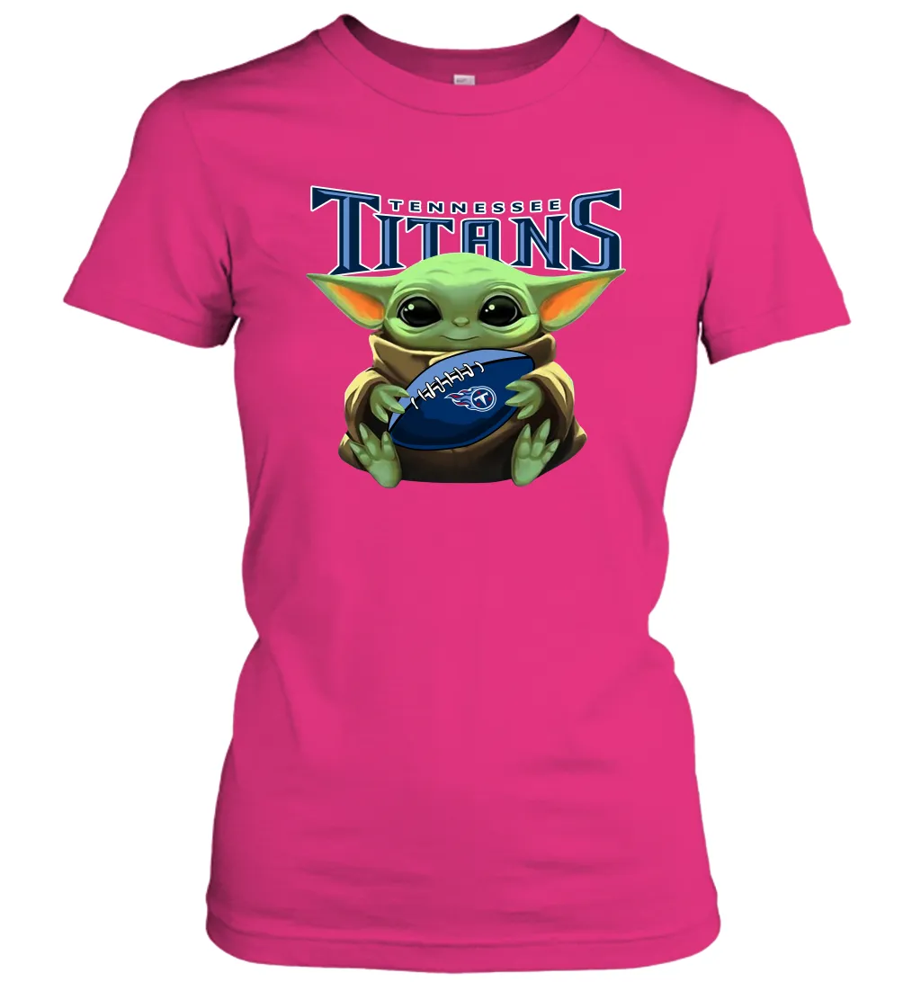 Baby Yoda Loves The Tennessee Titans Star Wars Baby Yoda Hugs Titans NFL Womens T-Shirt