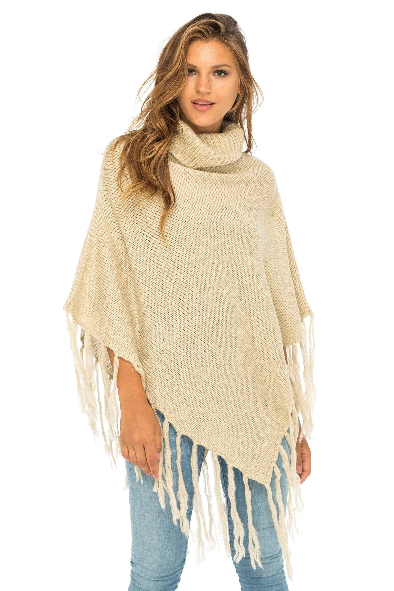 Back From Bali Womens Knit Fringed Poncho Boho Sweater Cape with Cowl Neck Soft Boho Winter Shawl