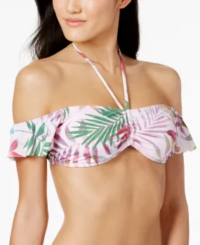 Bar III Women's Palm Reader Printed Ruffled Bikini Top, Pink, XL