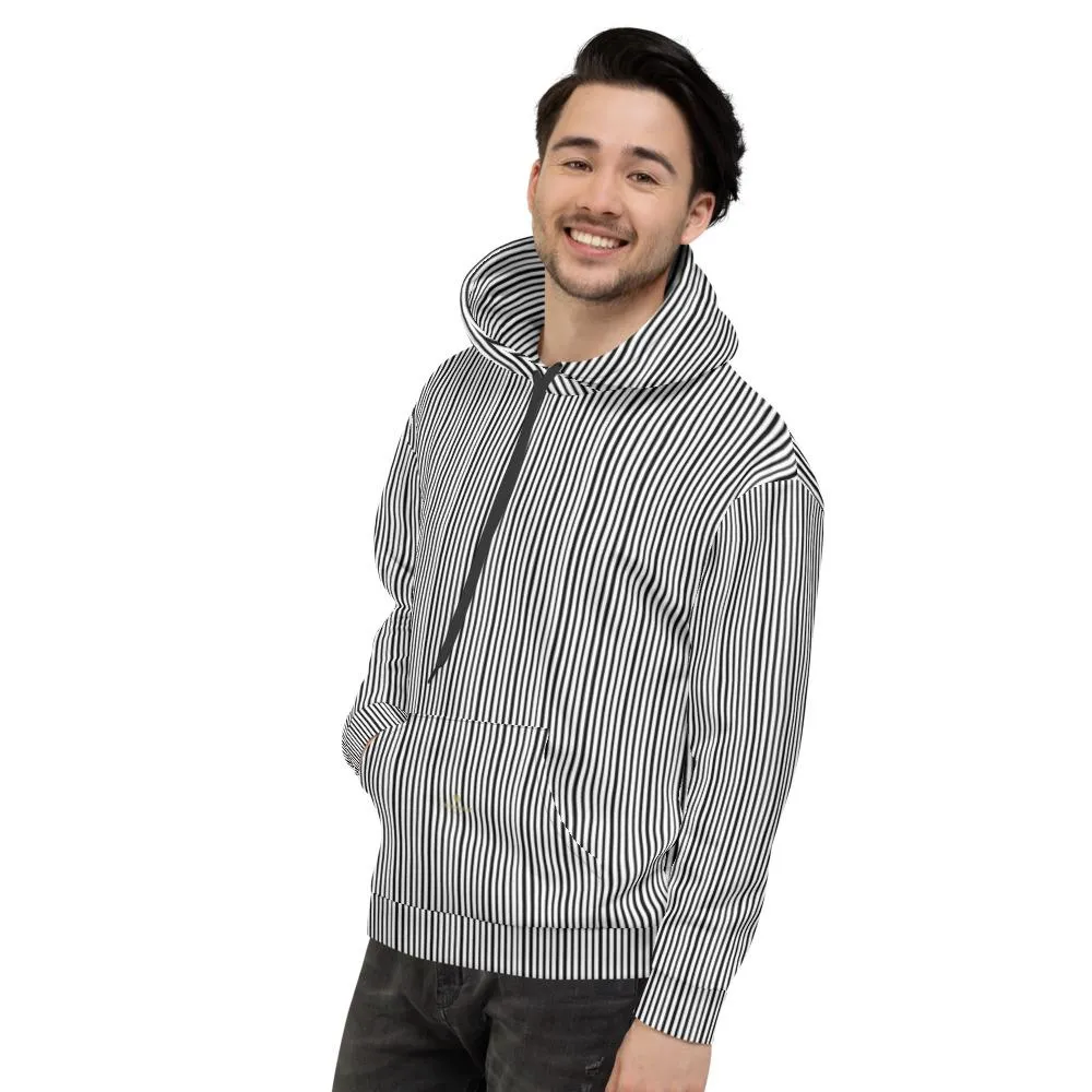 Black Striped Unisex Hoodies, White Vertical Stripe Premium Cozy Hoodie- Made in EU