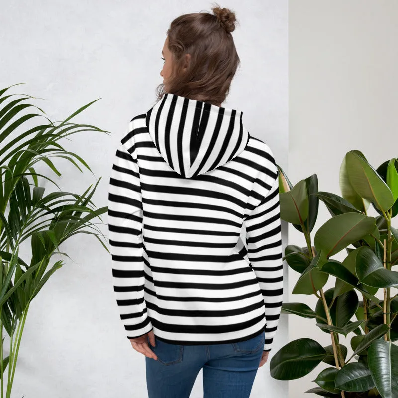 Black Stripes Unisex Hoodie, Black White Horizontal Stripe Print Women's or Men's Unisex Hoodie- Made in USA/EU/MX