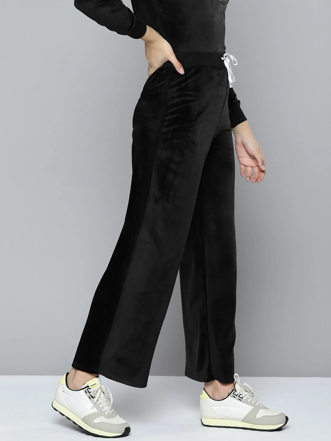 Black Velour Wide Leg Track Pants