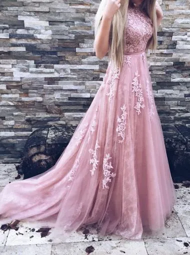 Blush Pink Lace Beaded A-line Long Evening Prom Dresses, 17631