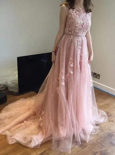 Blush Pink Lace Beaded A-line Long Evening Prom Dresses, 17631