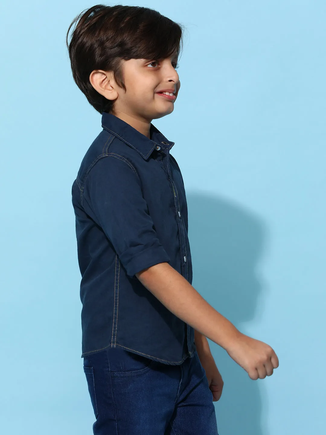 Boys Dark Blue 100% Cotton Regular Fit Checked Shirt