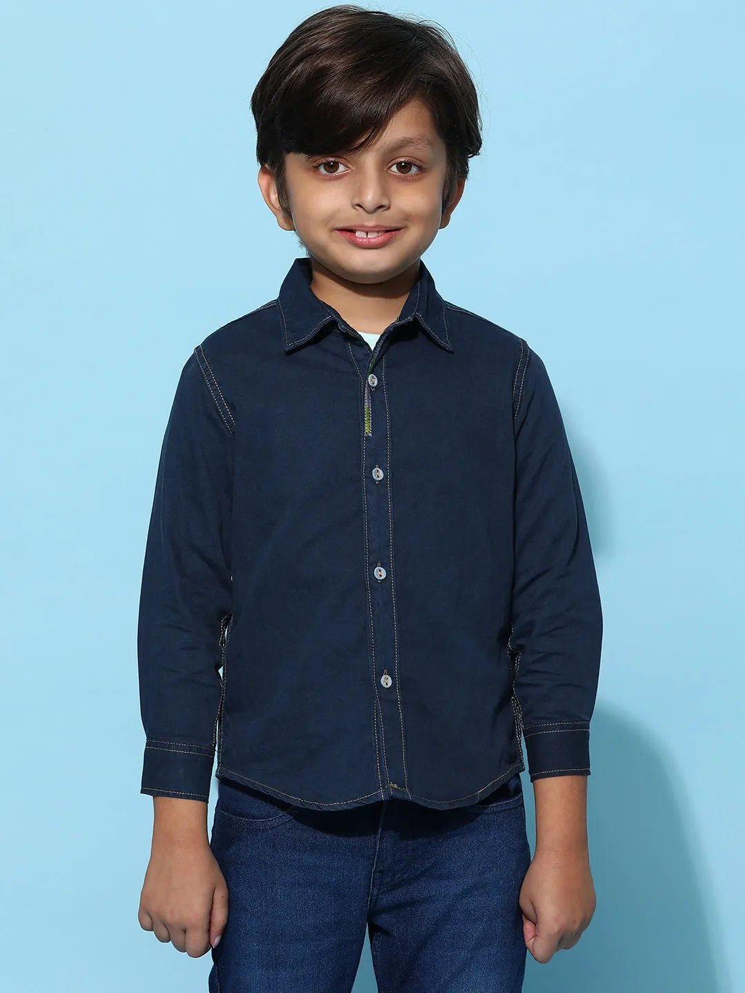 Boys Dark Blue 100% Cotton Regular Fit Checked Shirt