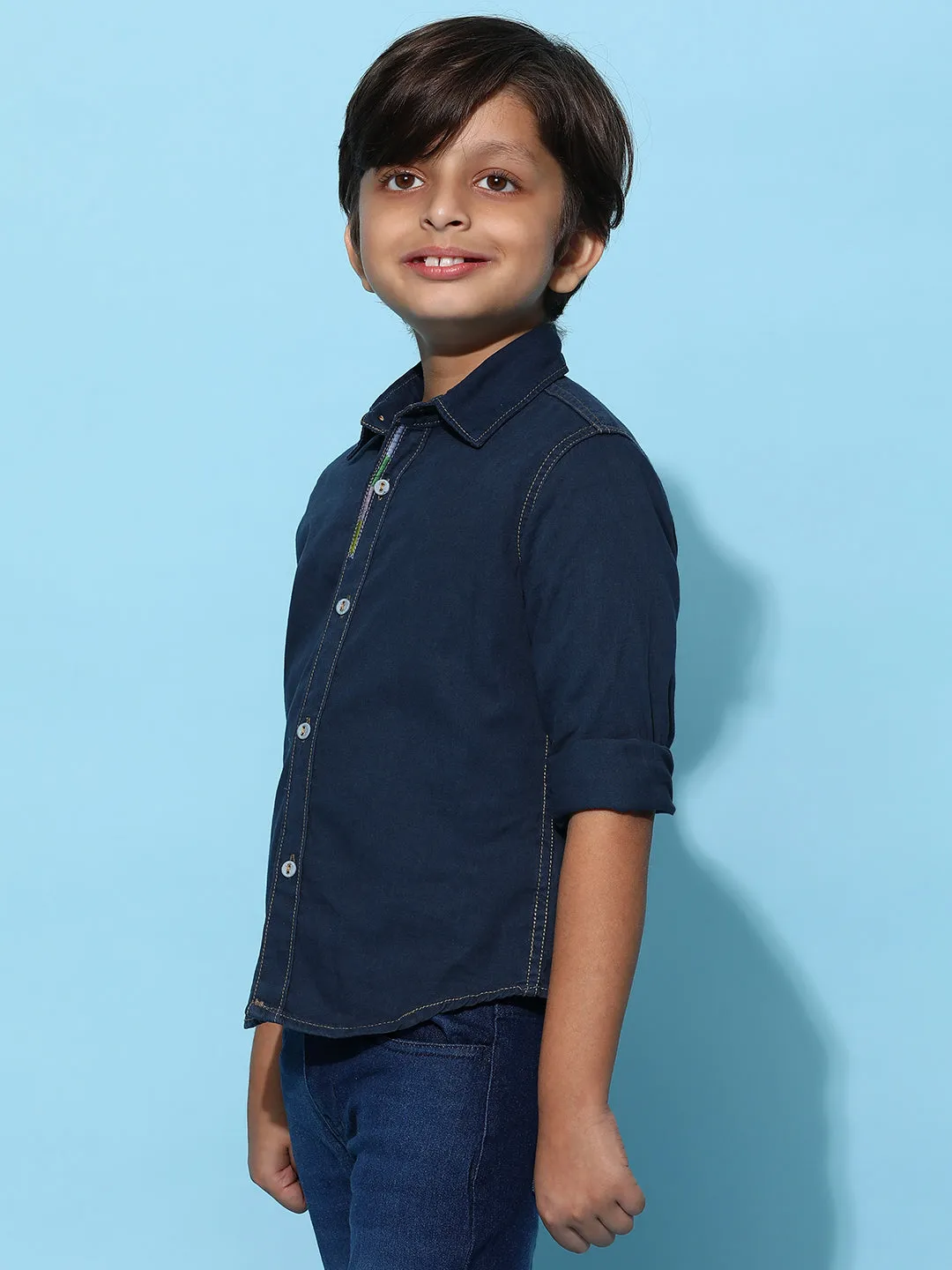 Boys Dark Blue 100% Cotton Regular Fit Checked Shirt