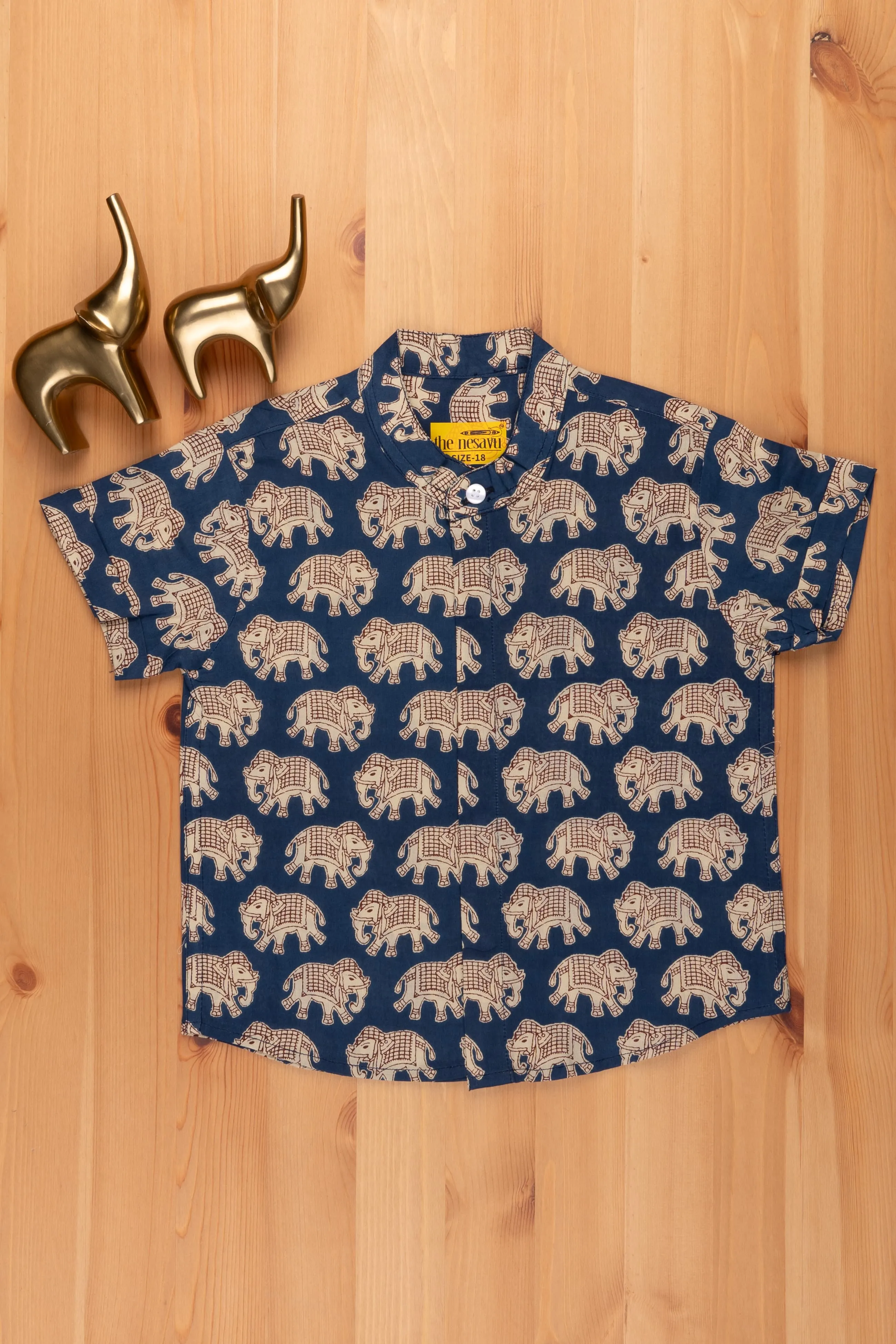 Boys Madhubani Elephant Printed Blue Cotton Shirt by The Nesavu