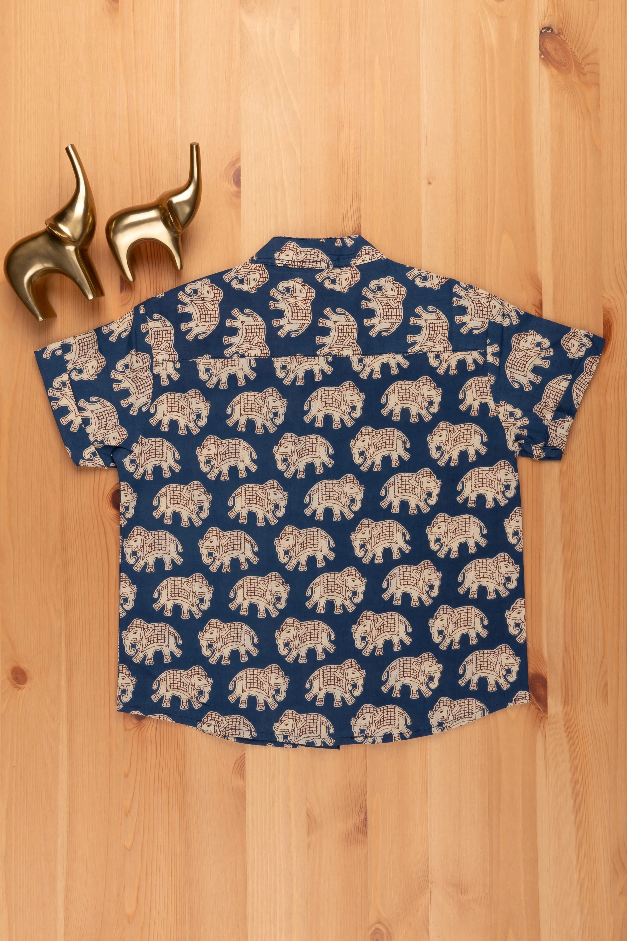 Boys Madhubani Elephant Printed Blue Cotton Shirt by The Nesavu