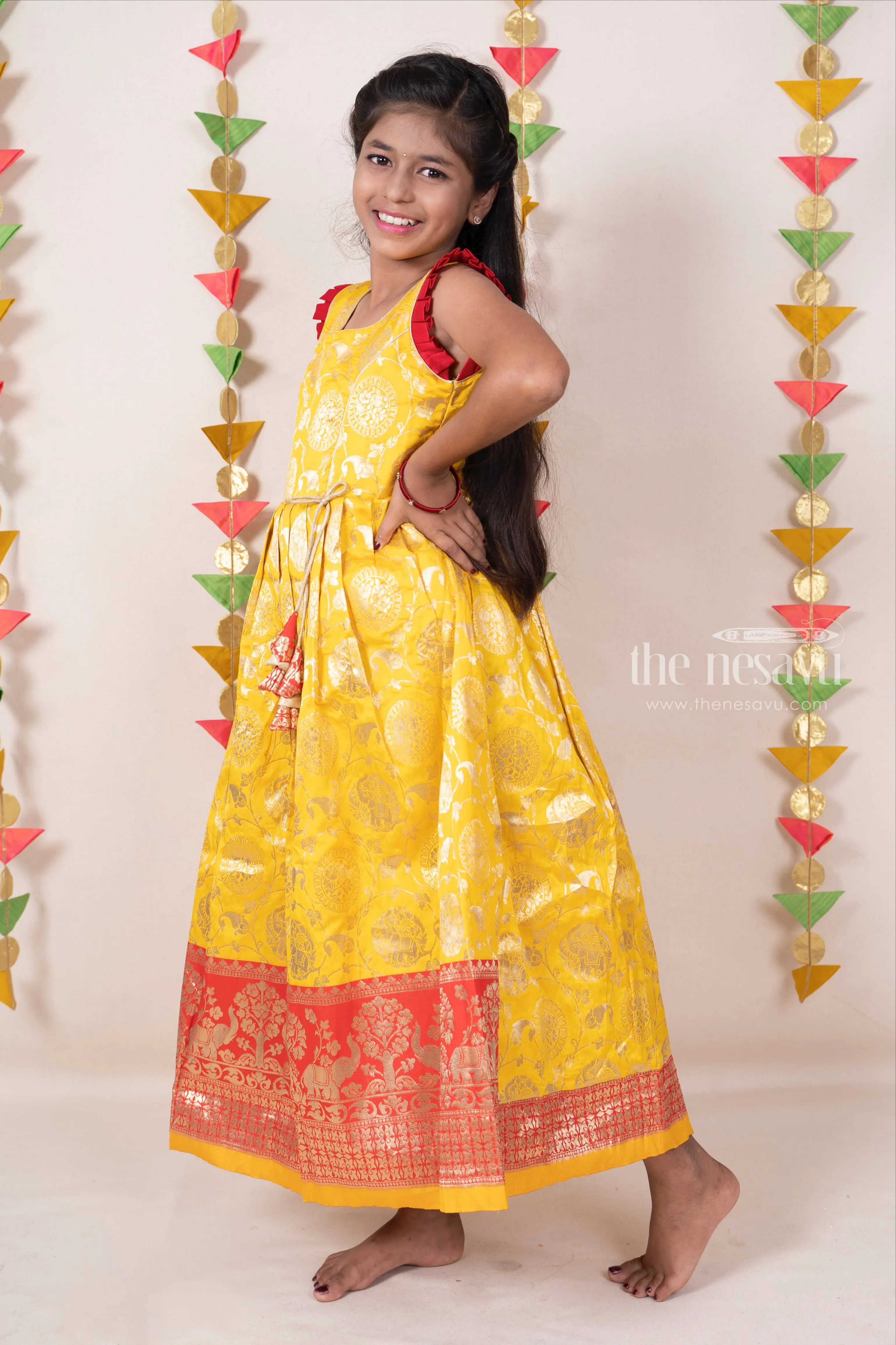 Bright Yellow With Red Banarasi Silk Cotton Anarkali For Girls