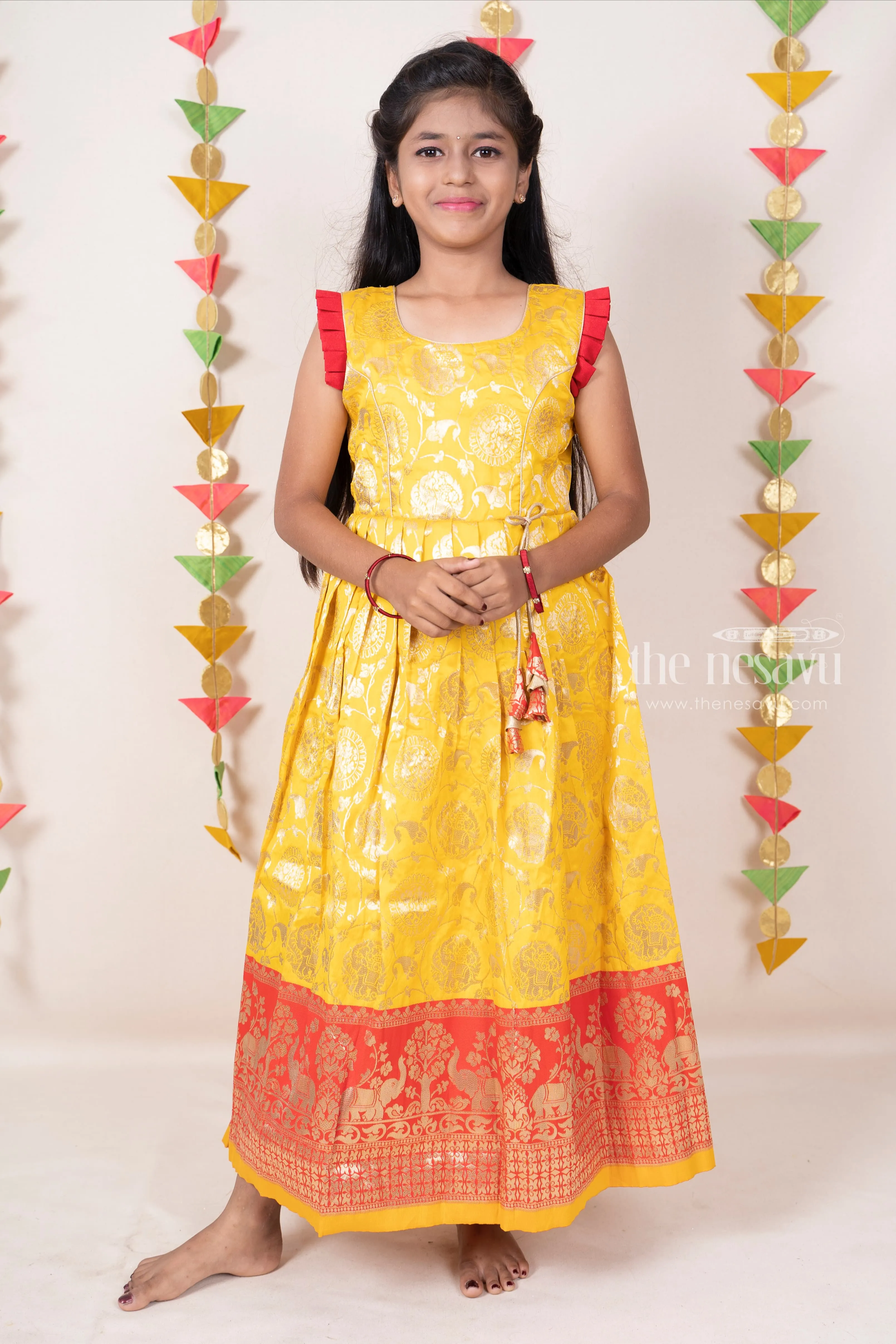 Bright Yellow With Red Banarasi Silk Cotton Anarkali For Girls