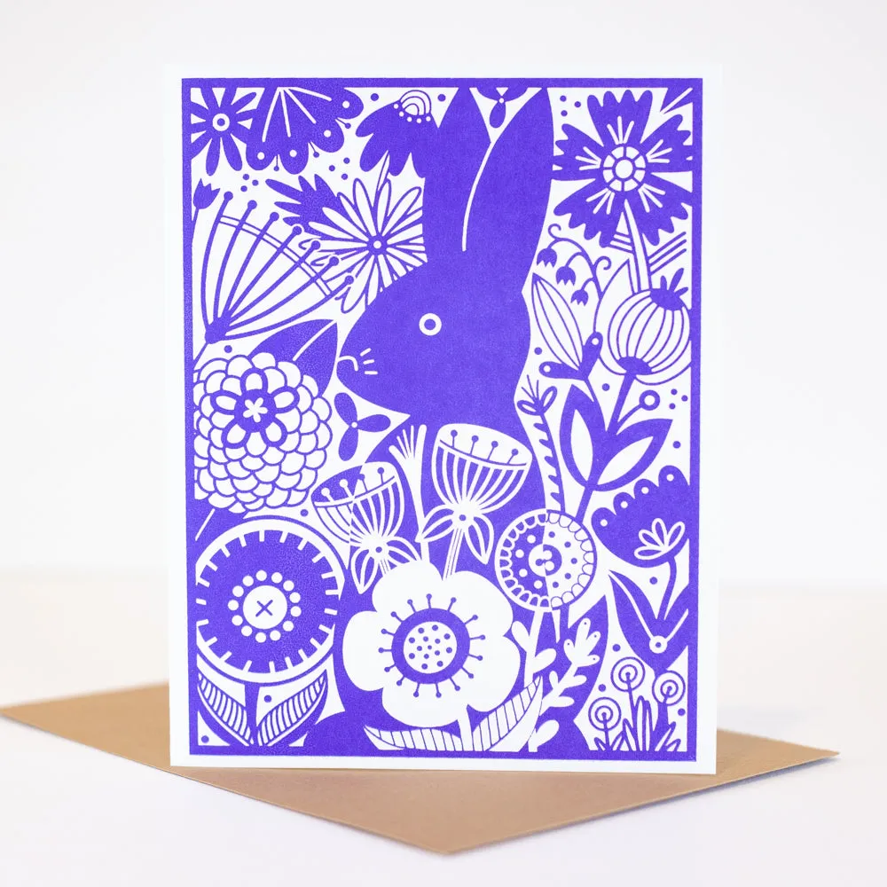 Bunny in the Garden art card, blank greeting card for any occasion, scandinavian flower card, rabbit greeting card