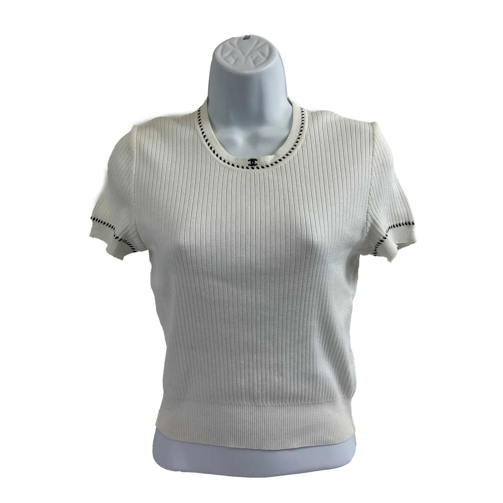 Chanel - Boutique Cropped 1996 Short Sleeve White CC Knitted Ribbed Tee 38 US 6