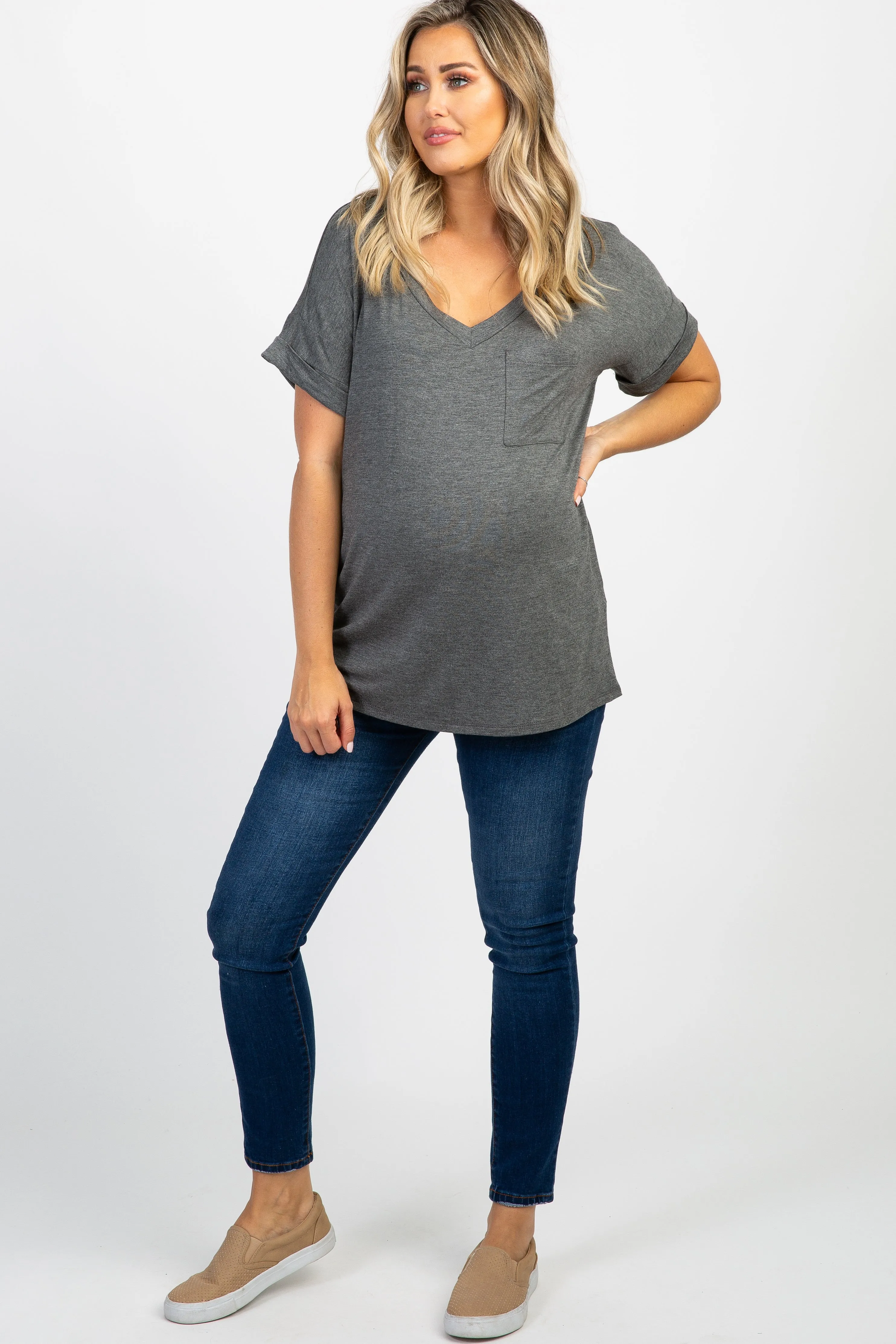 Charcoal V-Neck Pocket Accent Maternity Top