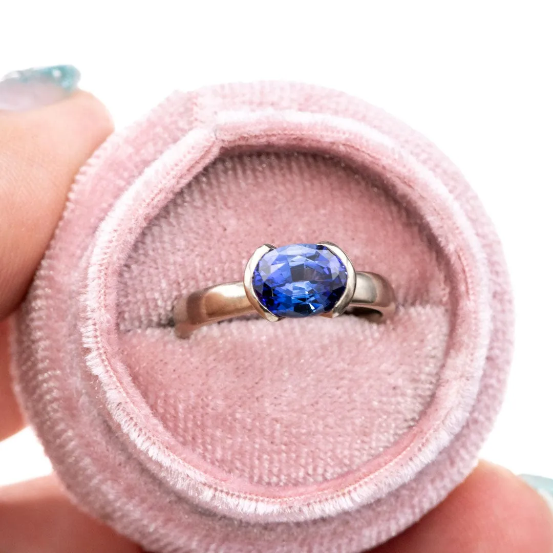 Chatham Lab Created Oval Blue Sapphire Half Bezel Solitaire Engagement Ring