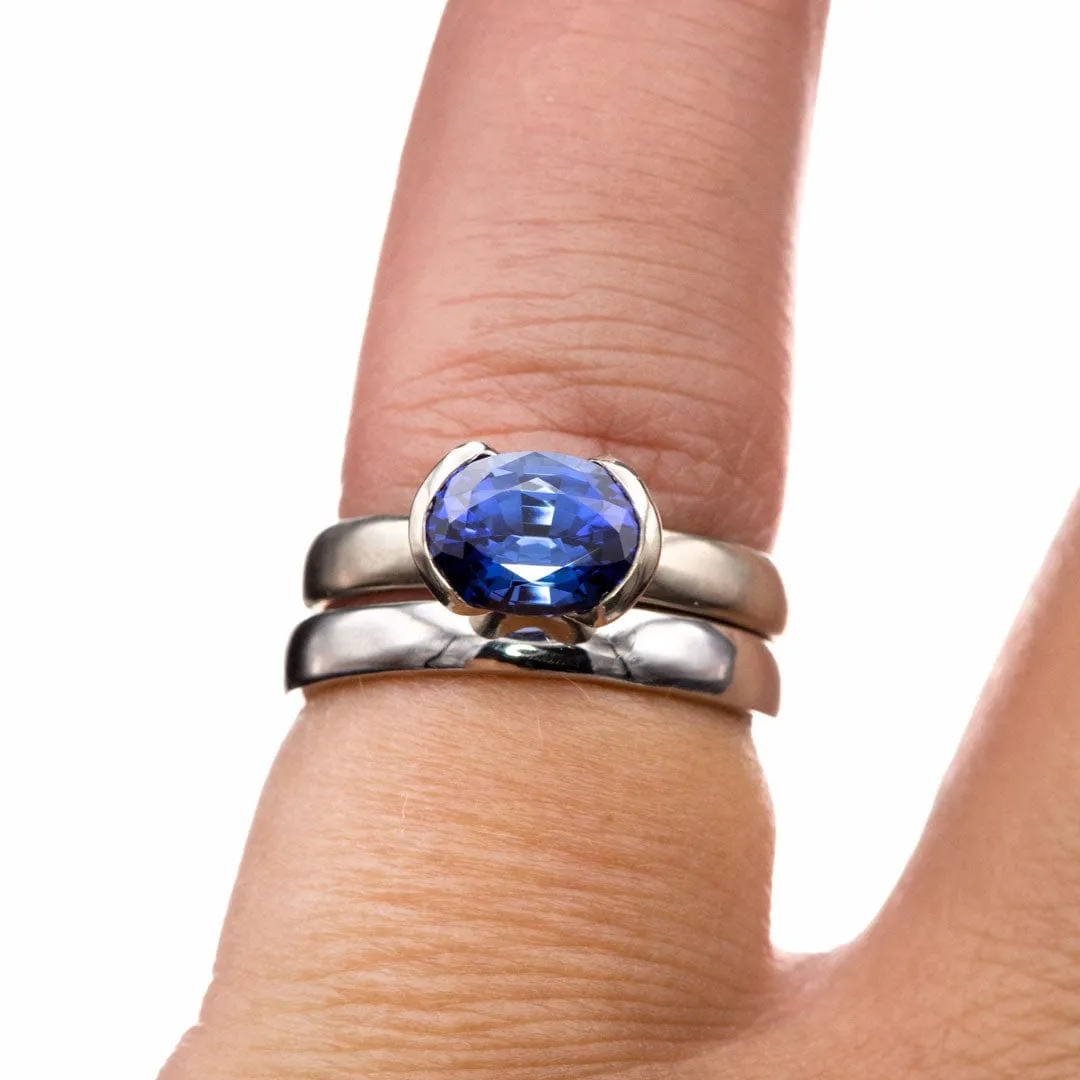 Chatham Lab Created Oval Blue Sapphire Half Bezel Solitaire Engagement Ring