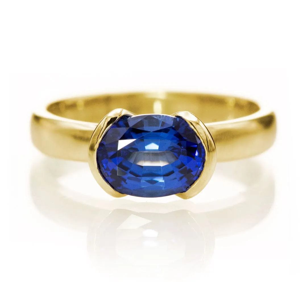 Chatham Lab Created Oval Blue Sapphire Half Bezel Solitaire Engagement Ring