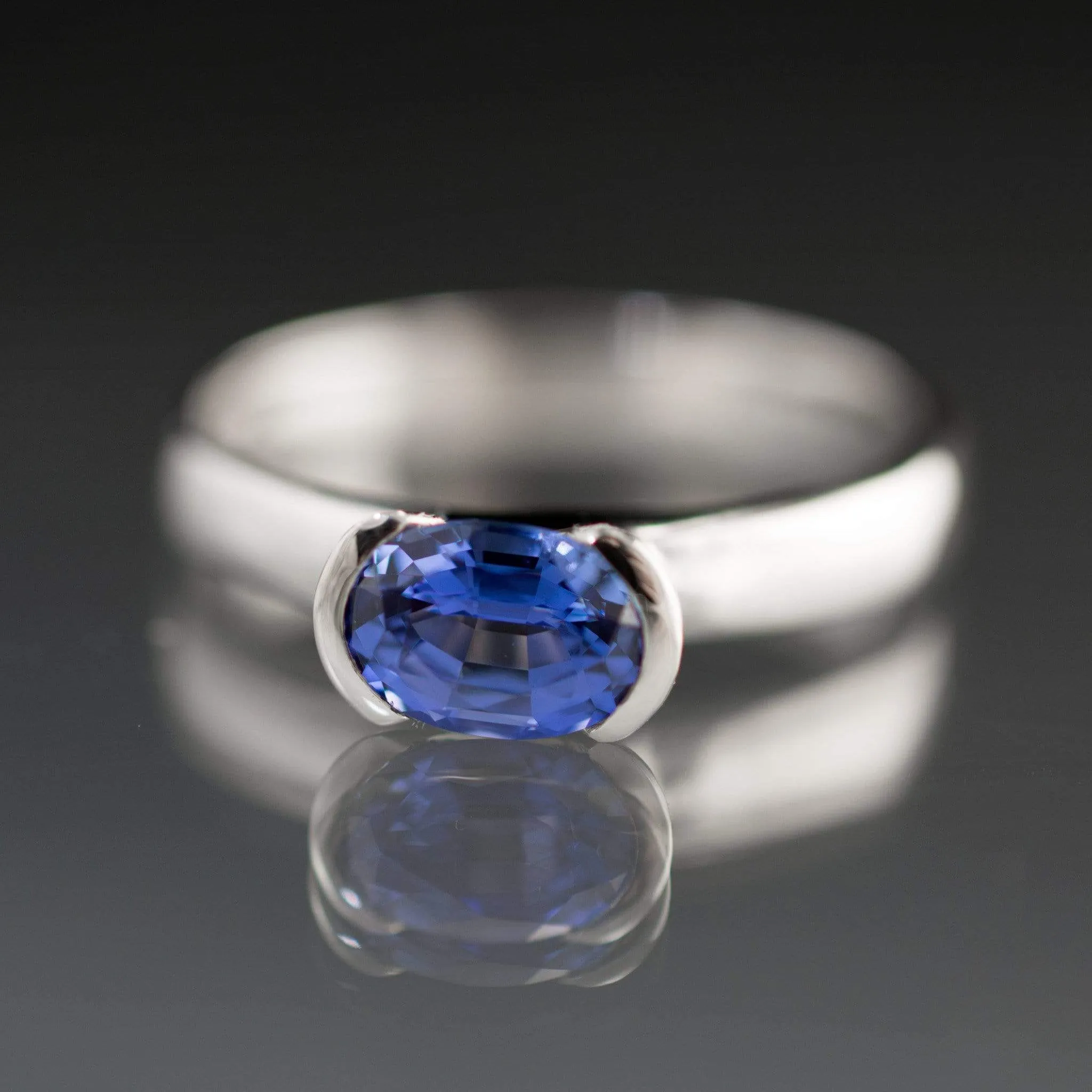 Chatham Lab Created Oval Blue Sapphire Half Bezel Solitaire Engagement Ring