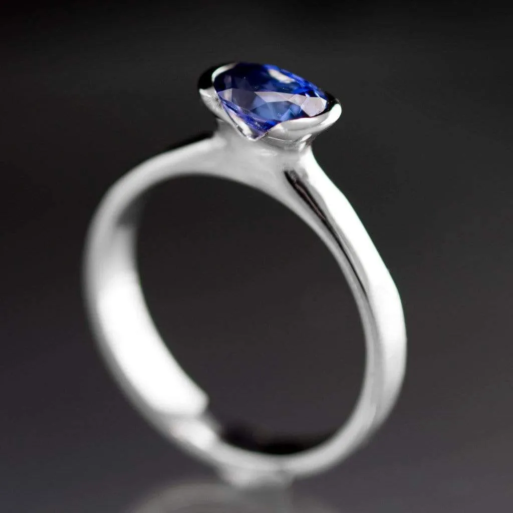 Chatham Lab Created Oval Blue Sapphire Half Bezel Solitaire Engagement Ring