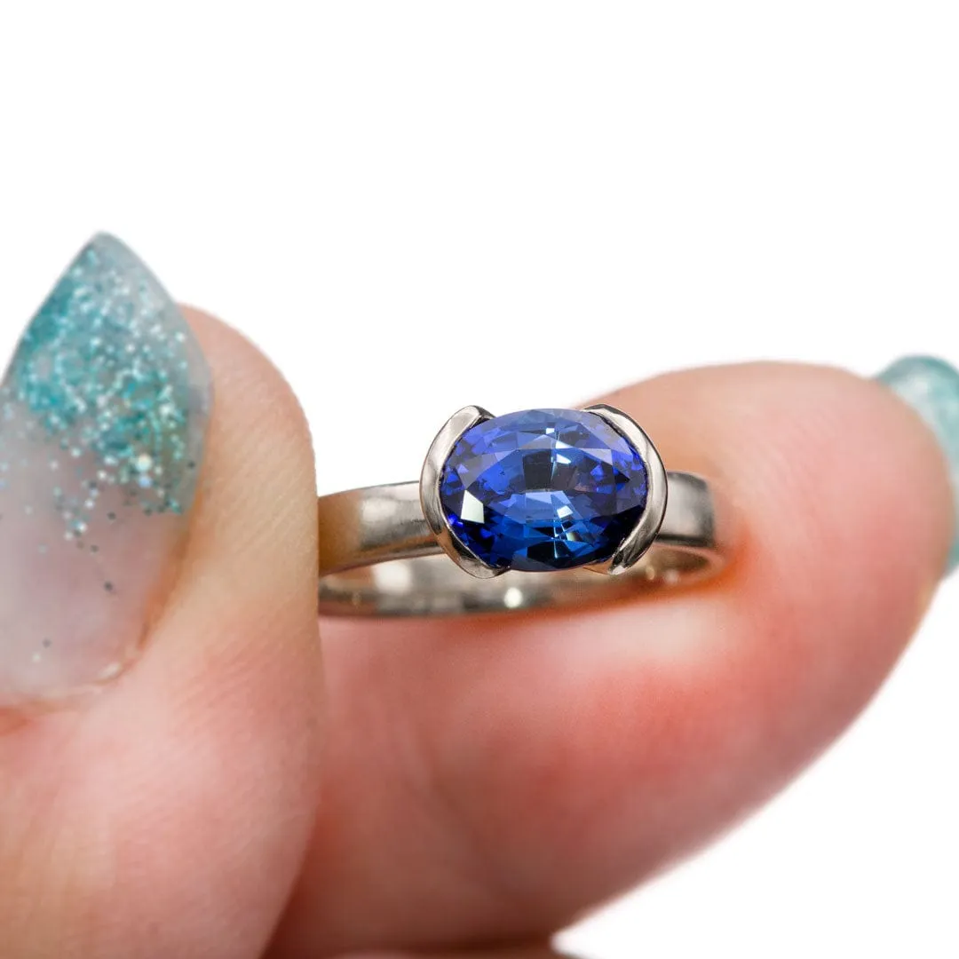 Chatham Lab Created Oval Blue Sapphire Half Bezel Solitaire Engagement Ring