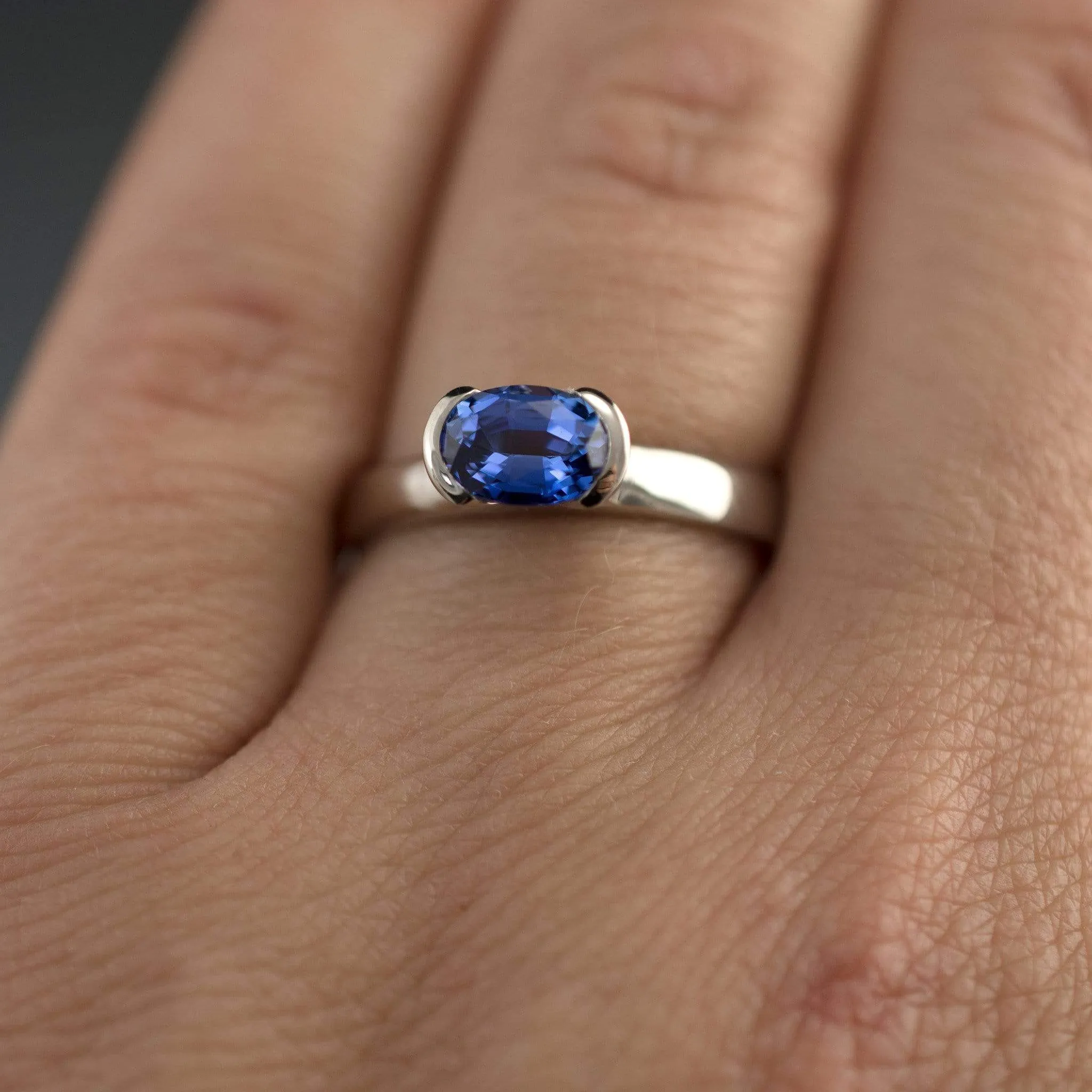 Chatham Lab Created Oval Blue Sapphire Half Bezel Solitaire Engagement Ring