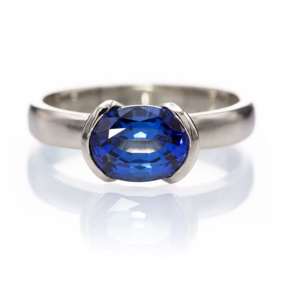 Chatham Lab Created Oval Blue Sapphire Half Bezel Solitaire Engagement Ring