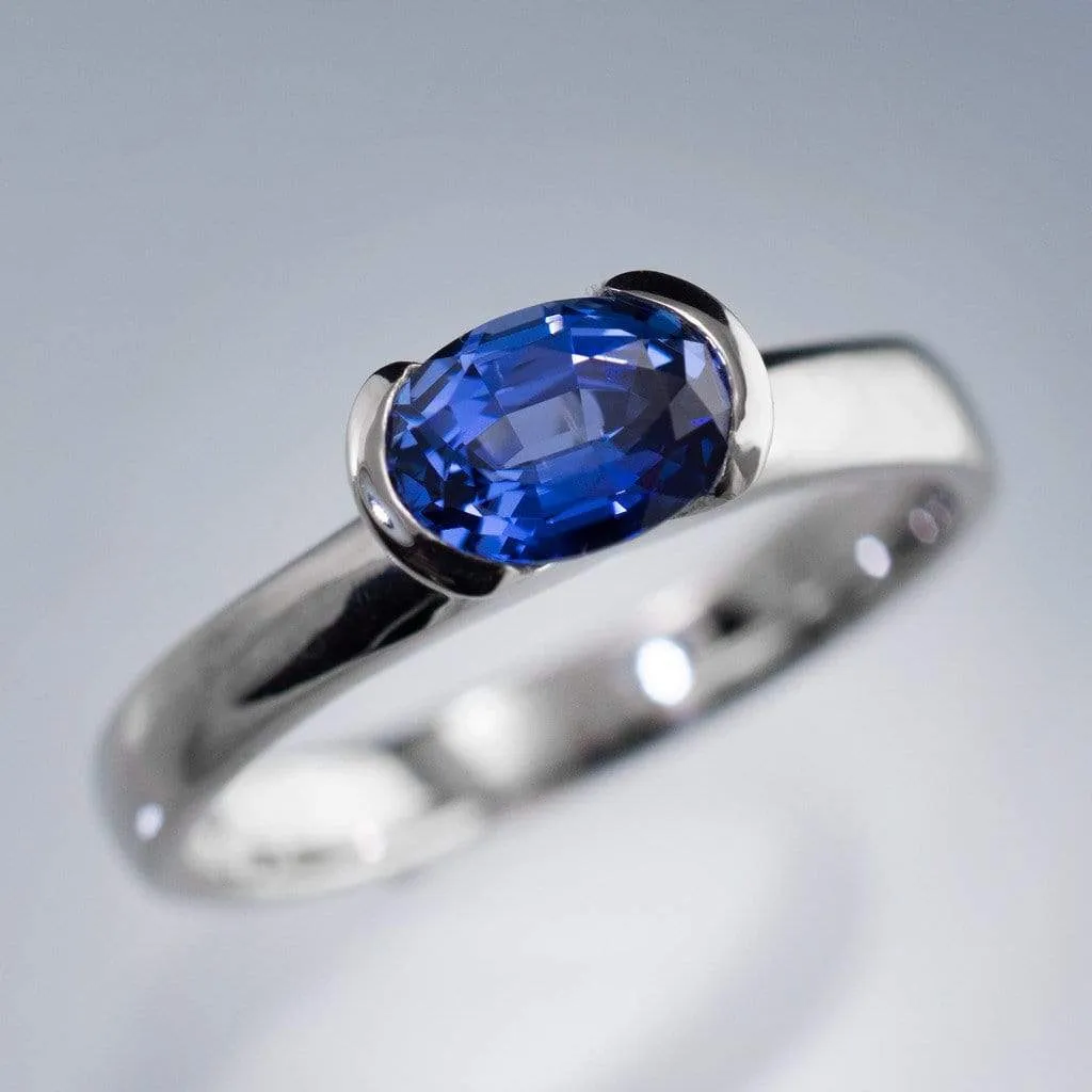 Chatham Lab Created Oval Blue Sapphire Half Bezel Solitaire Engagement Ring