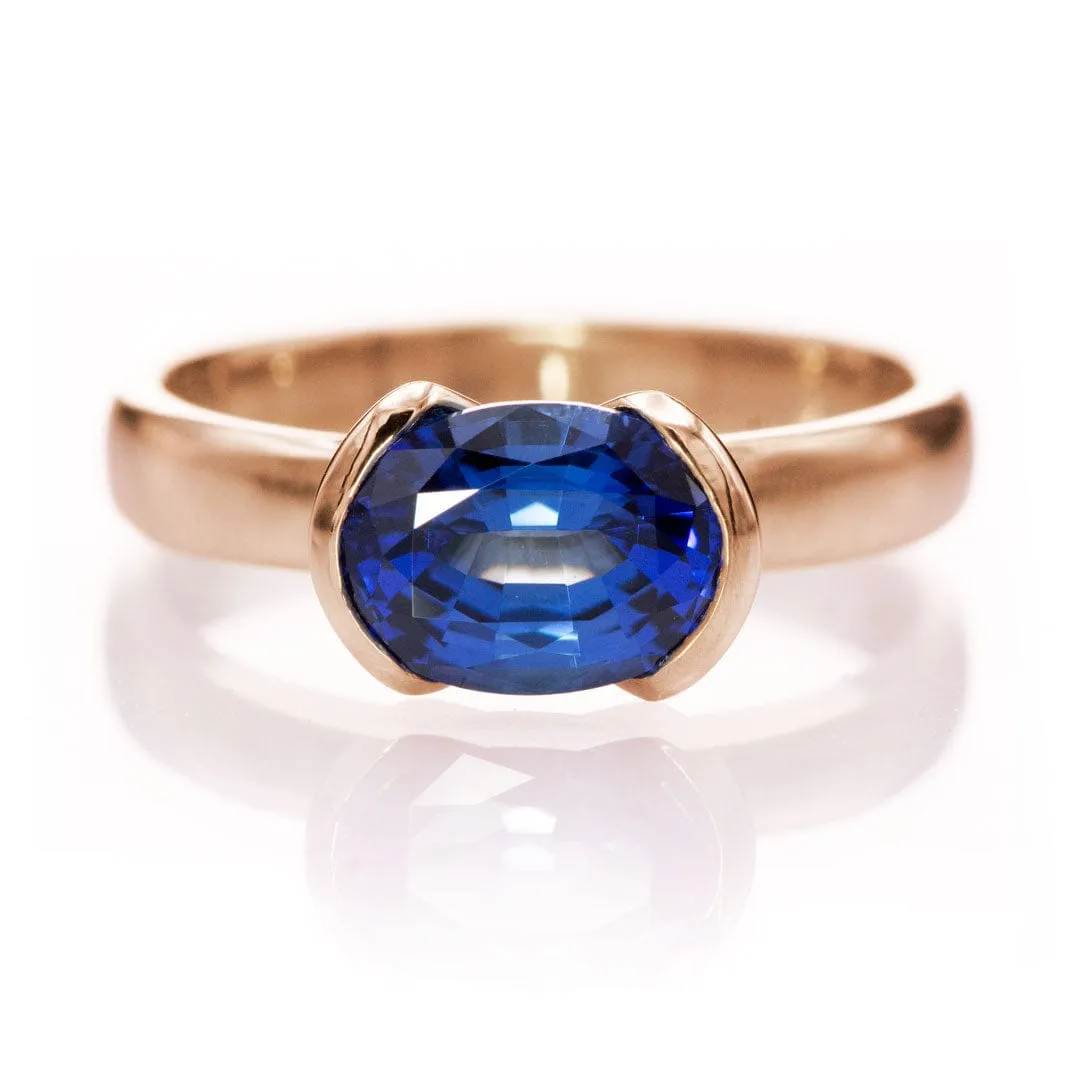 Chatham Lab Created Oval Blue Sapphire Half Bezel Solitaire Engagement Ring