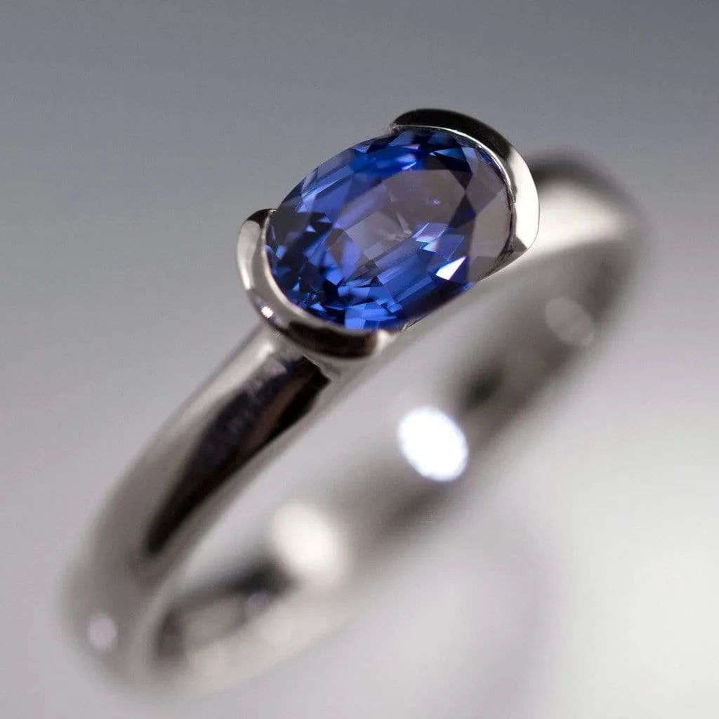 Chatham Lab Created Oval Blue Sapphire Half Bezel Solitaire Engagement Ring