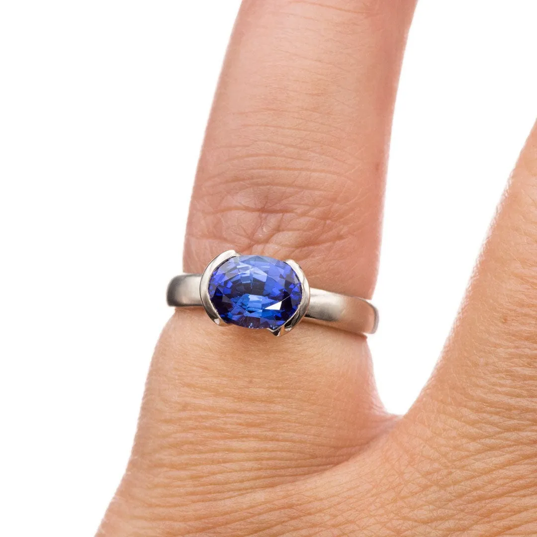 Chatham Lab Created Oval Blue Sapphire Half Bezel Solitaire Engagement Ring