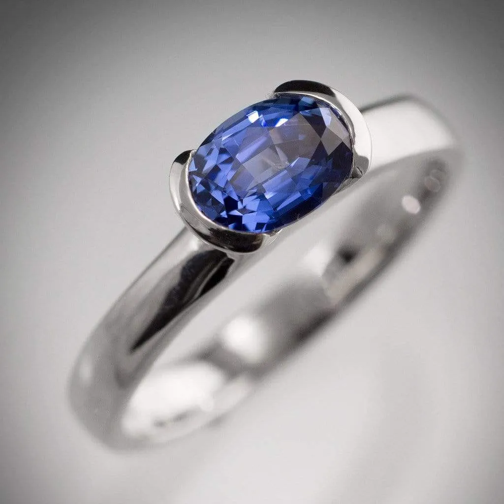 Chatham Lab Created Oval Blue Sapphire Half Bezel Solitaire Engagement Ring