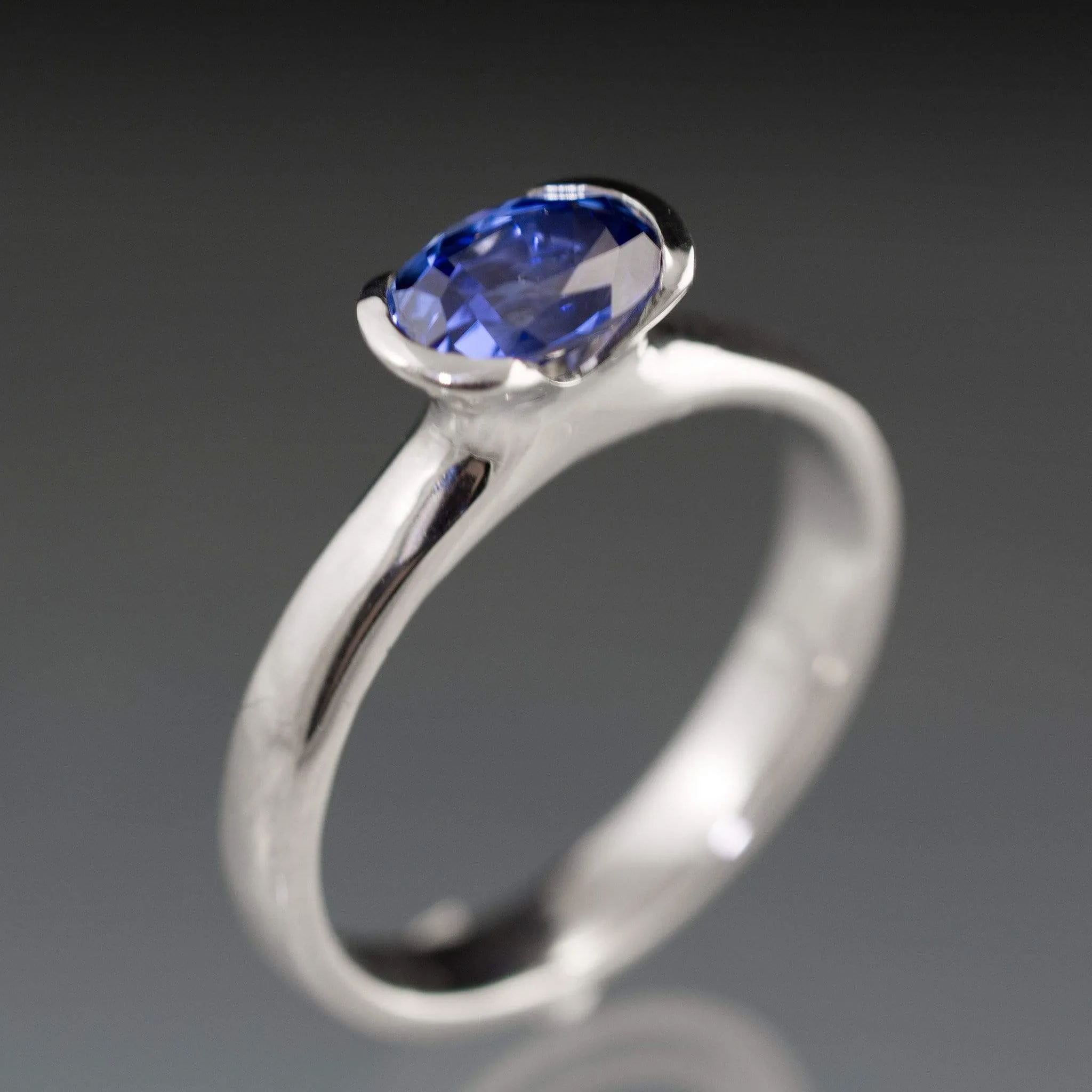 Chatham Lab Created Oval Blue Sapphire Half Bezel Solitaire Engagement Ring