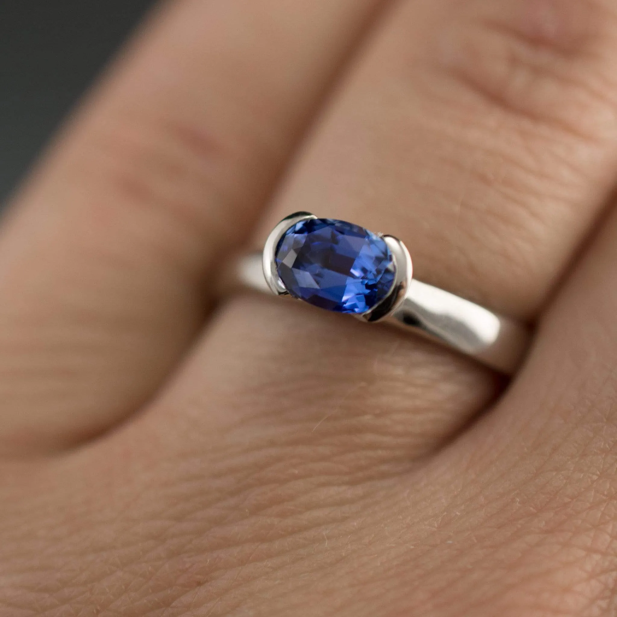 Chatham Lab Created Oval Blue Sapphire Half Bezel Solitaire Engagement Ring