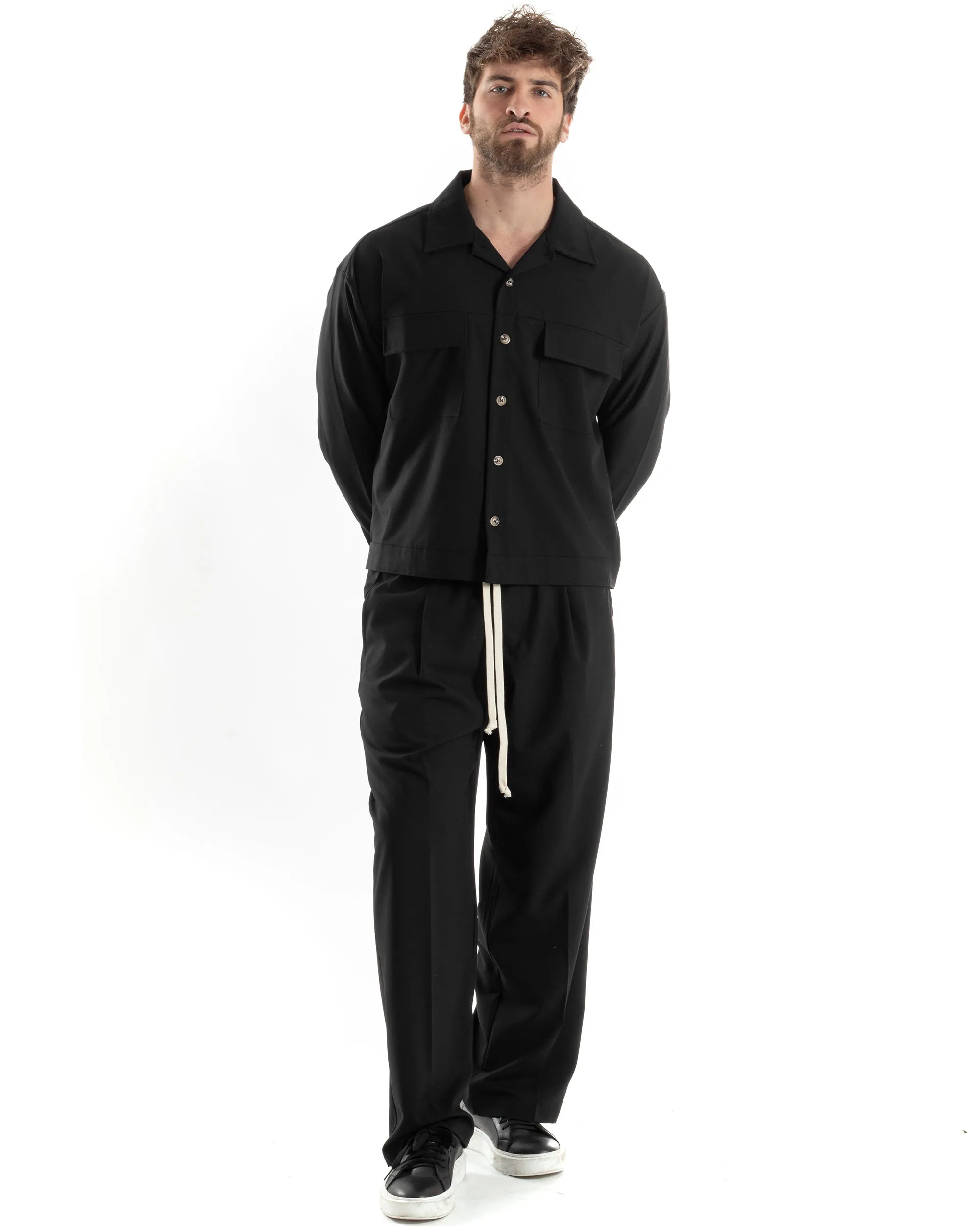 Completo Boxy Set Coordinato Uomo Viscosa Camicia Cropped Pantalaccio Fondo Largo Nero GIOSAL-OU2443A