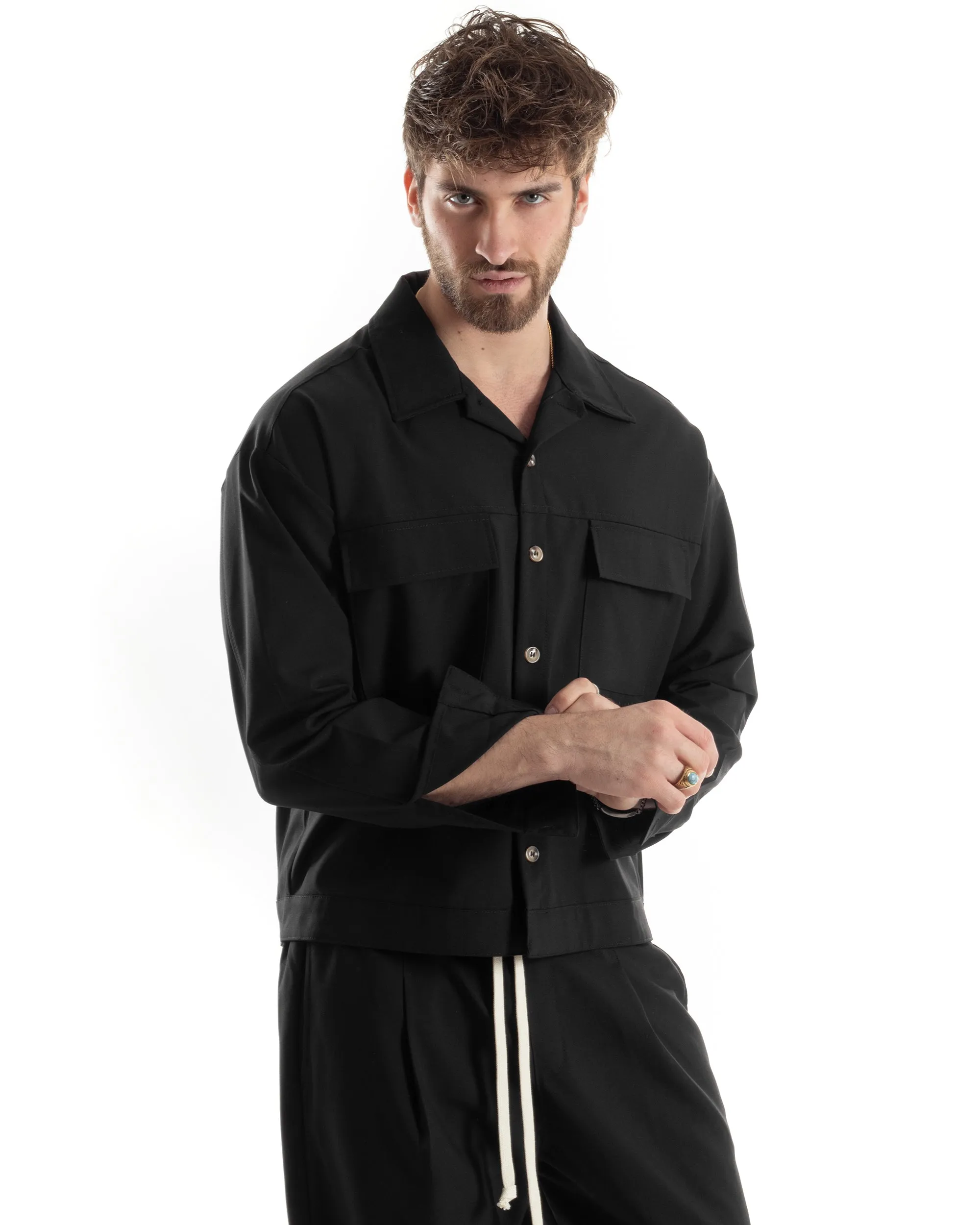 Completo Boxy Set Coordinato Uomo Viscosa Camicia Cropped Pantalaccio Fondo Largo Nero GIOSAL-OU2443A