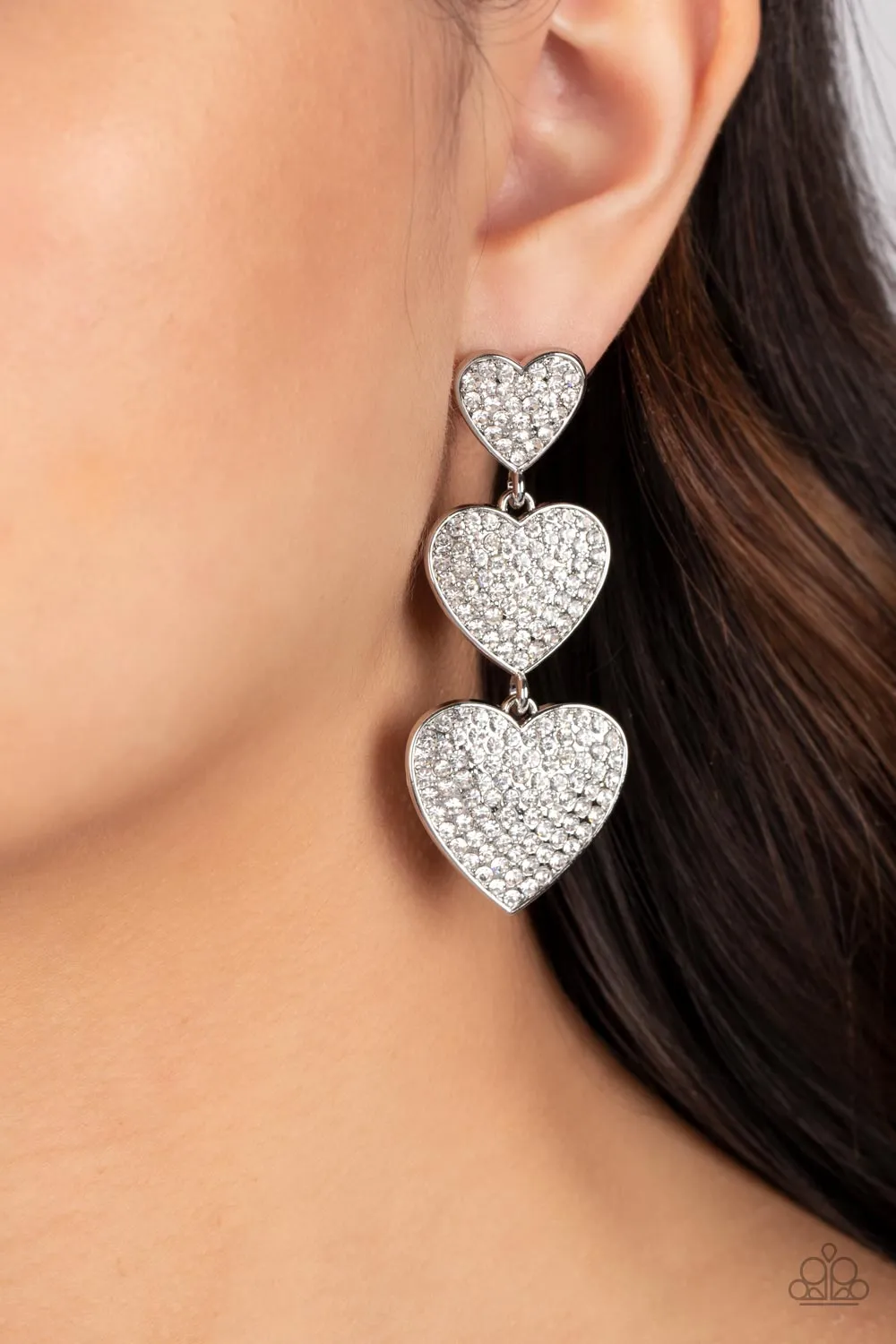 Couples Retreat White Rhinestone Heart Earrings - Paparazzi Accessories