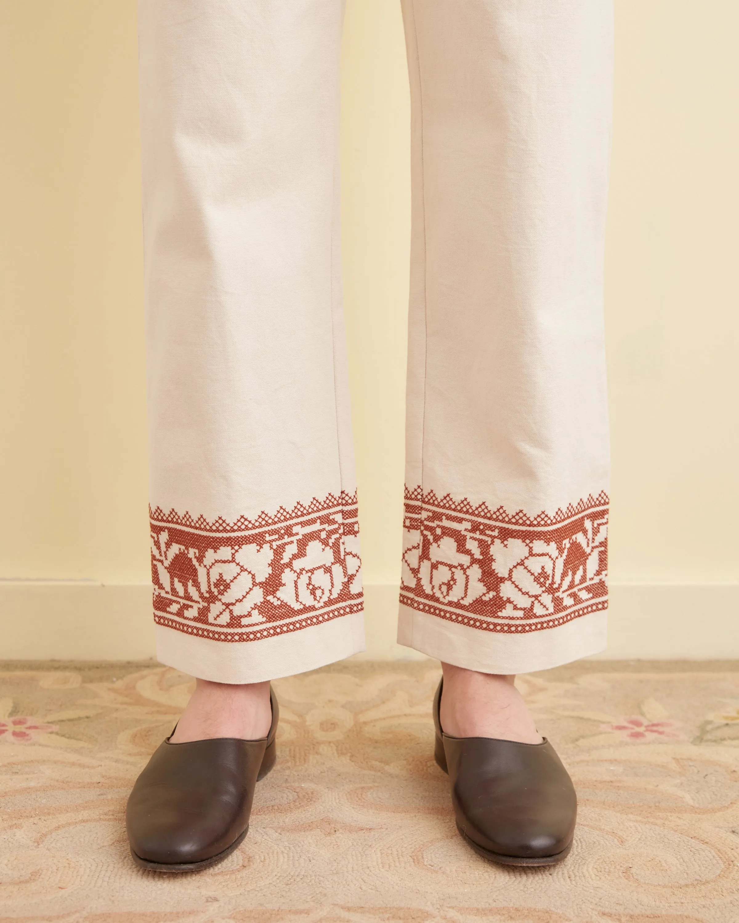 Cross-Stitched Rose Garland Trousers