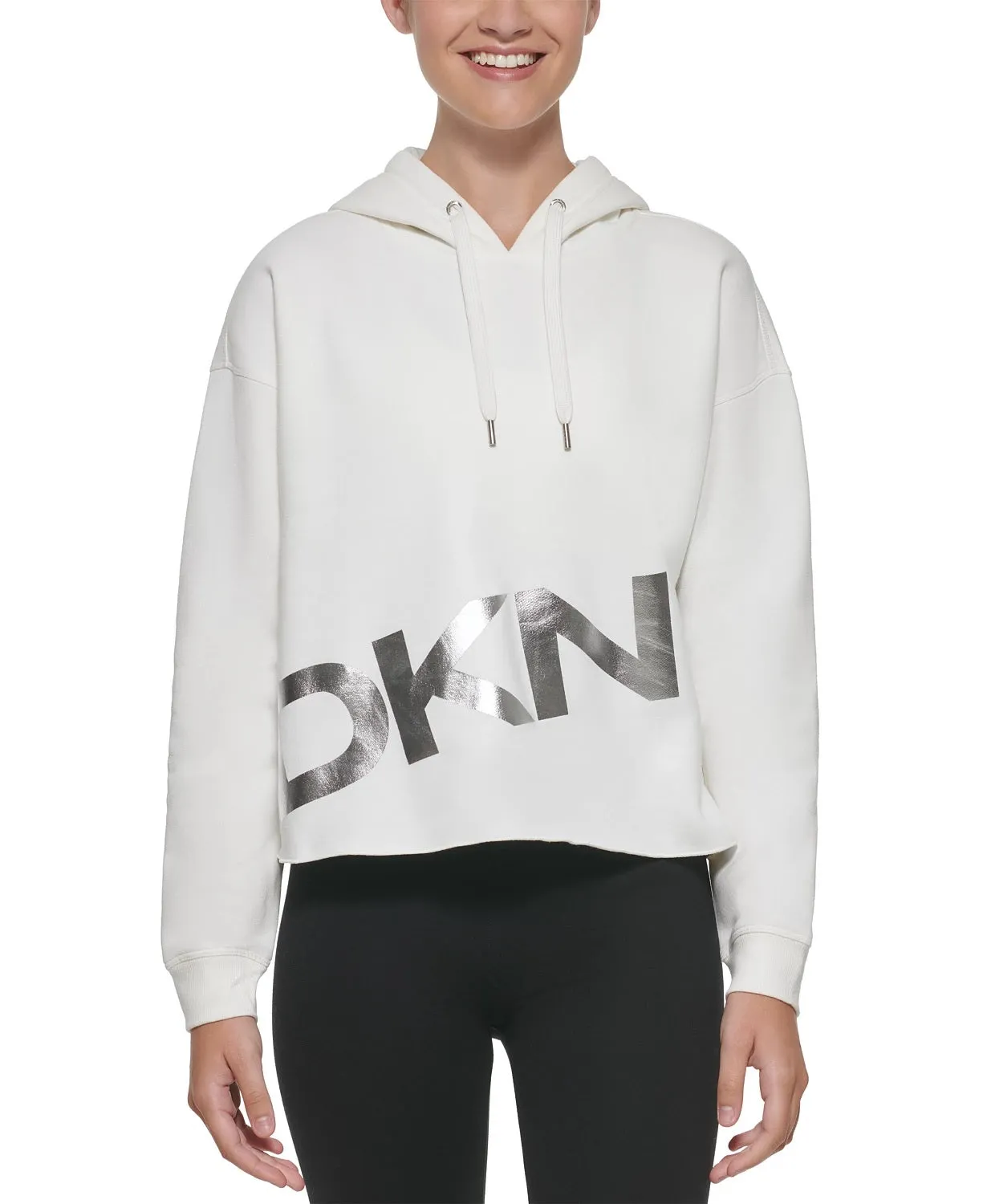 DKNY Sport Women's Metallic-Graphic Pullover Hoodie, Snow/silver, M