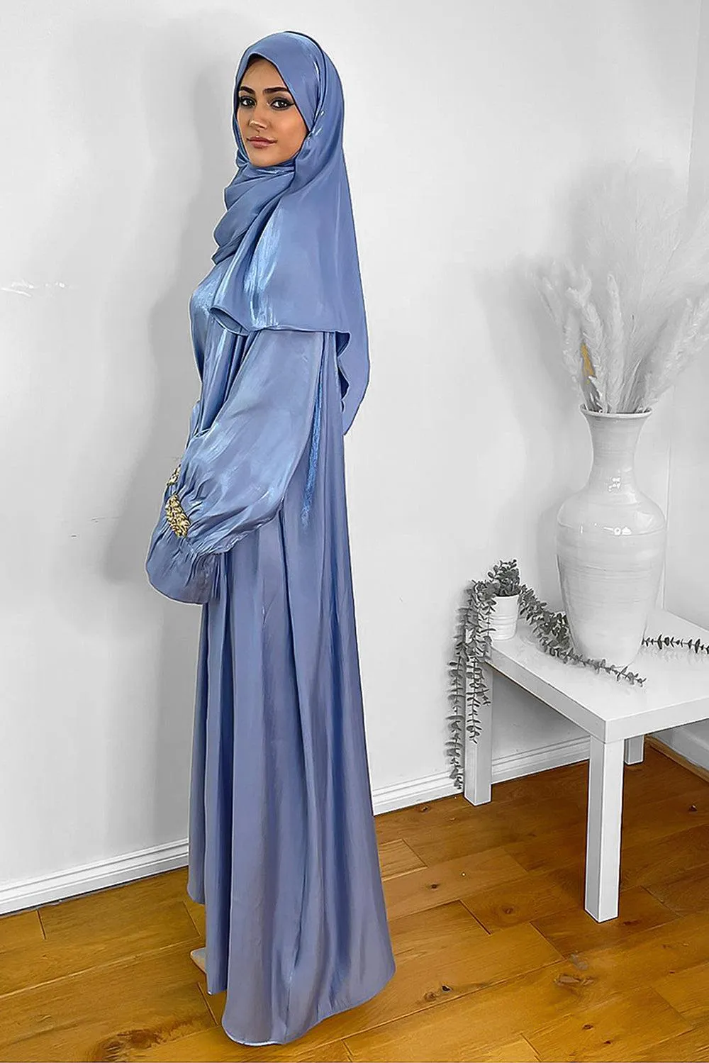 Embellished Sleeves Shimmer Organza Modest Dress And Hijab Scarf Set