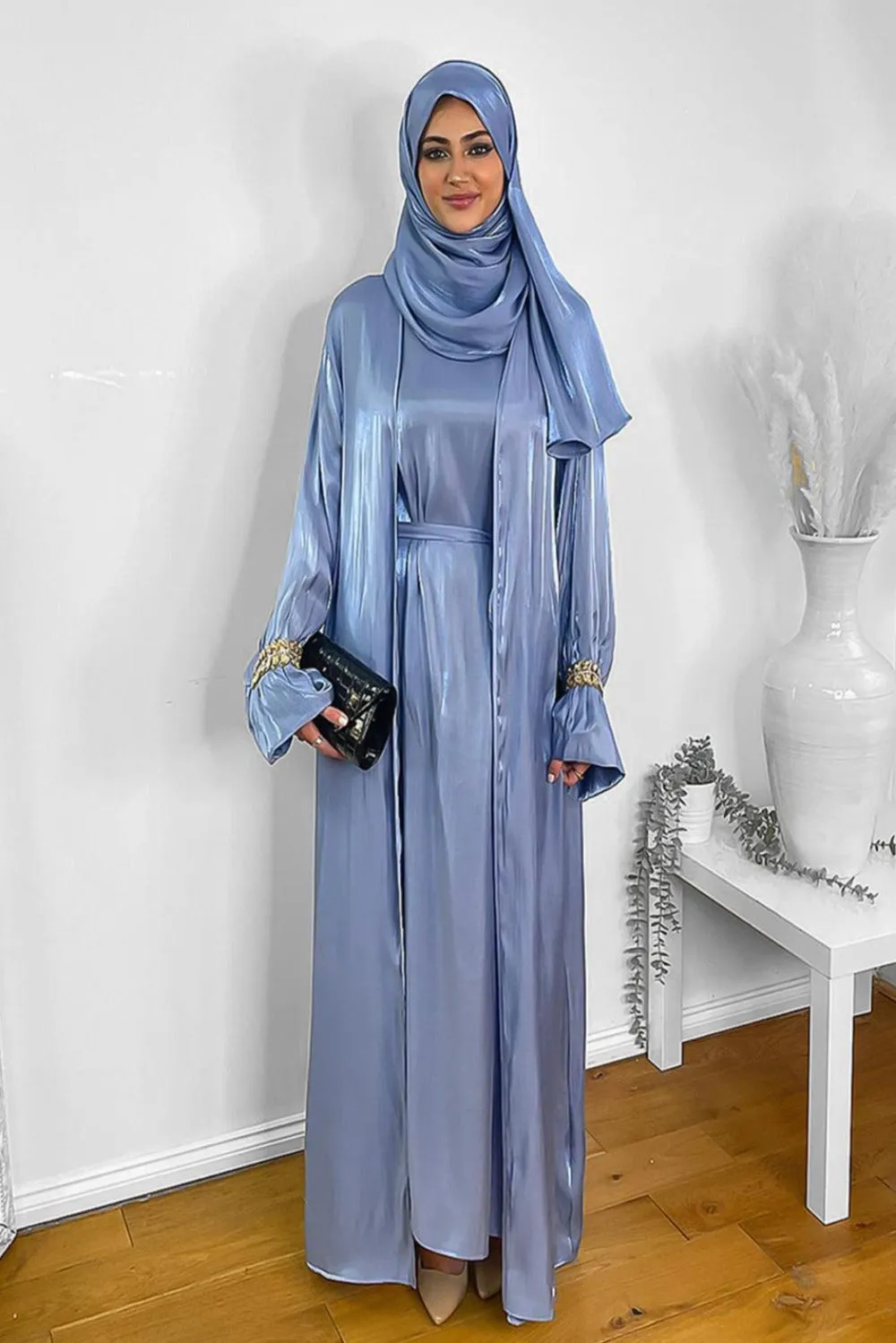 Embellished Sleeves Shimmer Organza Modest Dress And Hijab Scarf Set